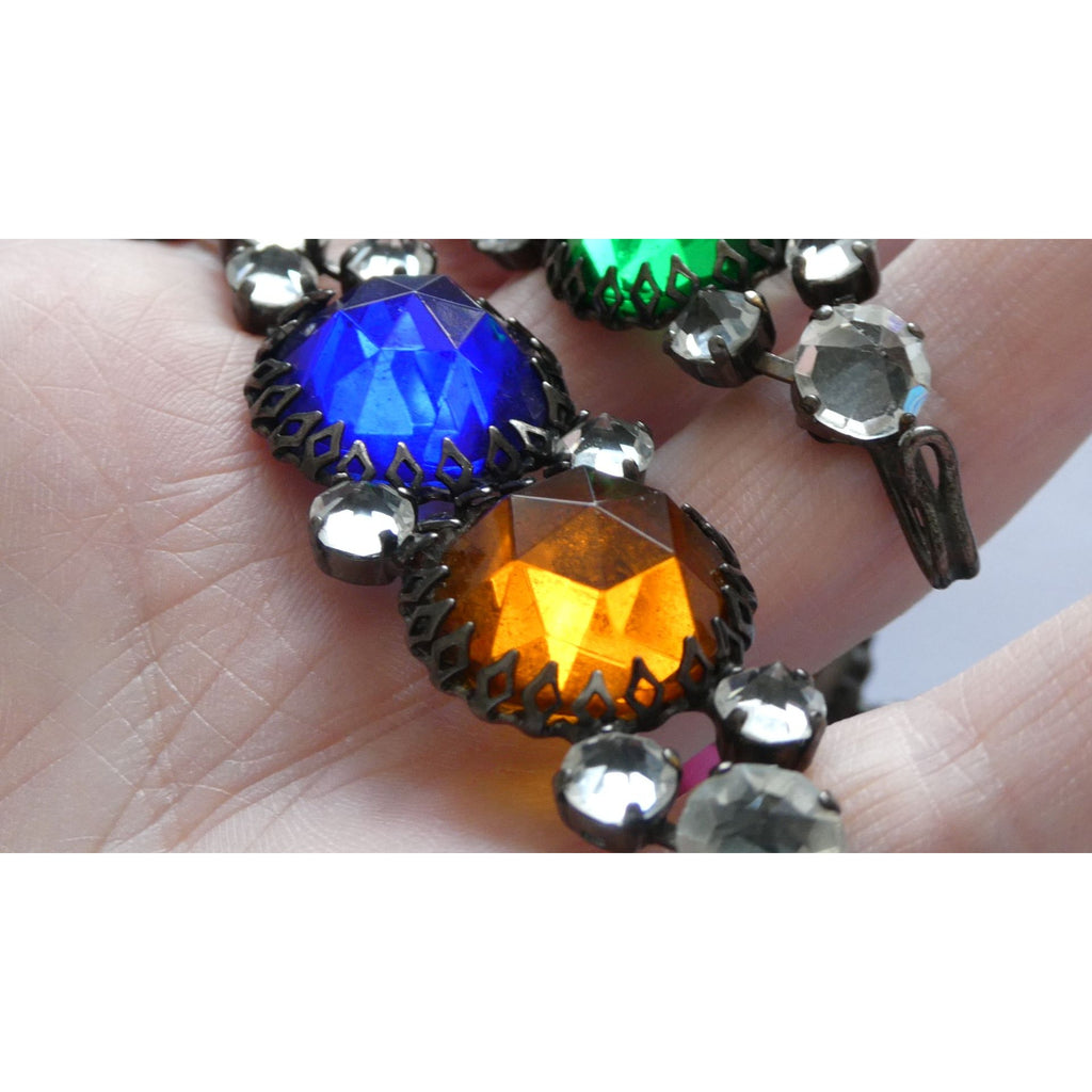 Vintage Schreiner NY Gunmetal Rainbow Rhinestone Adorned Belt 33.5 Inches 171g