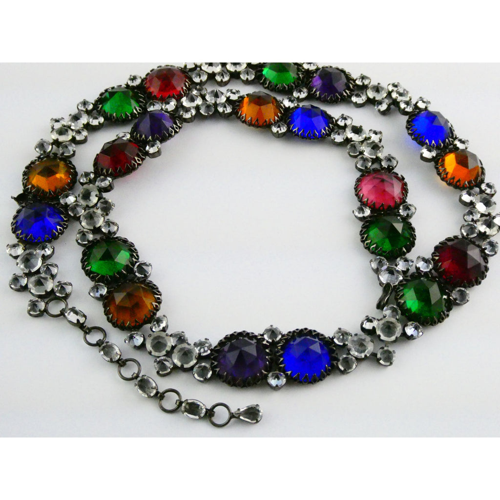 Vintage Schreiner NY Gunmetal Rainbow Rhinestone Adorned Belt 33.5 Inches 171g