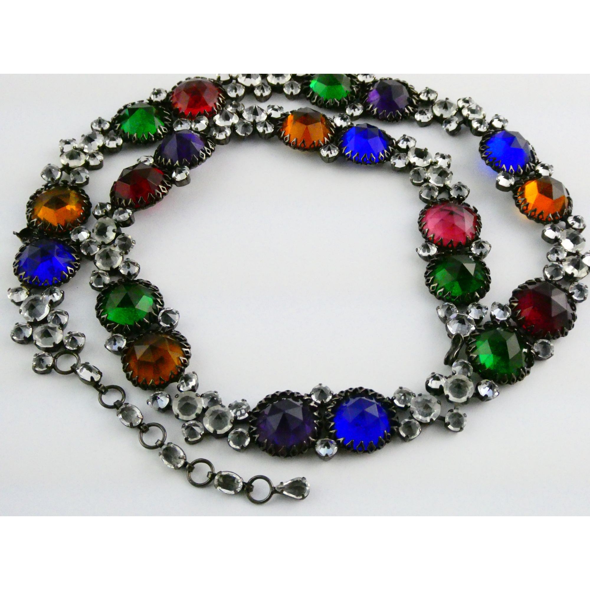Vintage Schreiner NY Gunmetal Rainbow Rhinestone Adorned Belt 33.5 Inches 171g