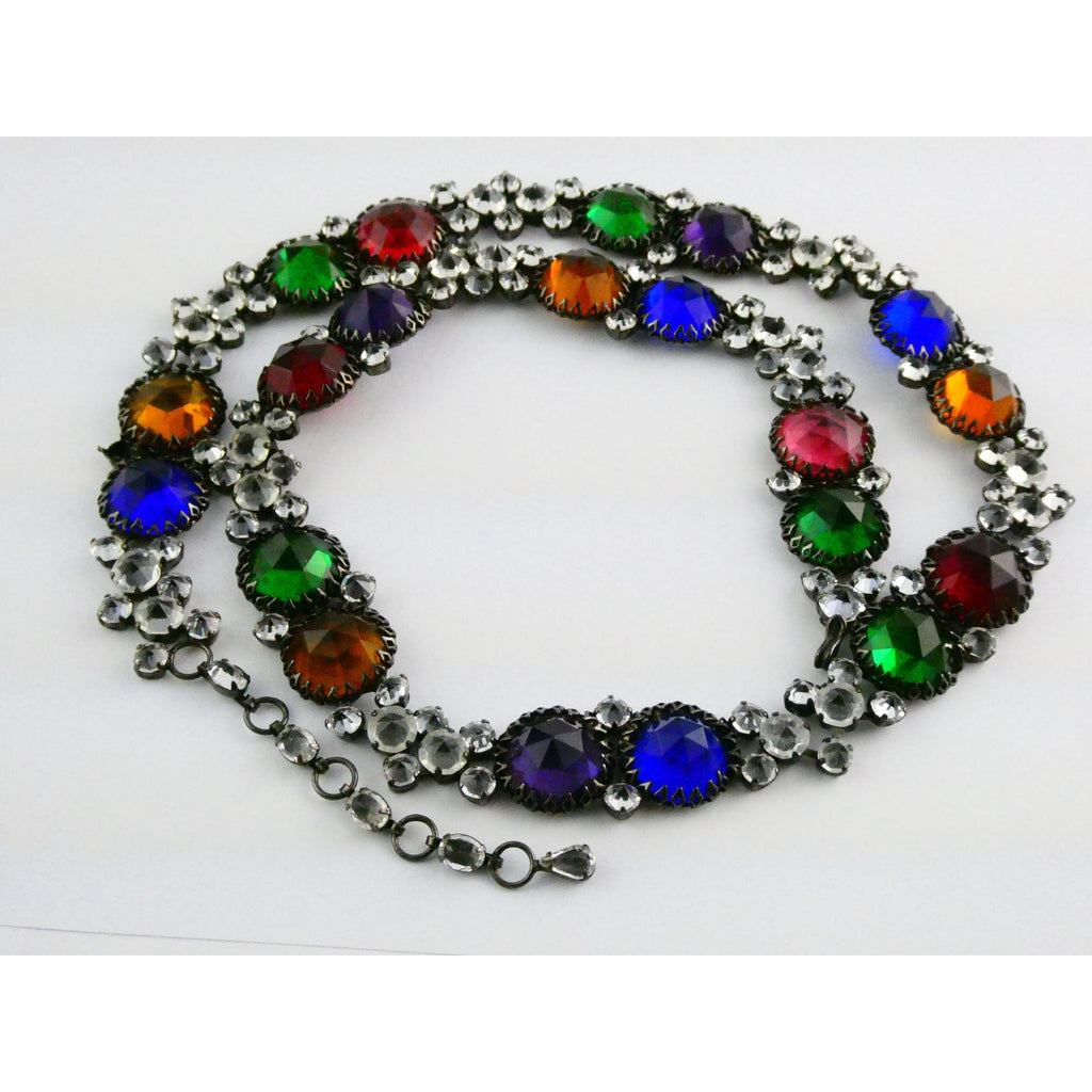 Vintage Schreiner NY Gunmetal Rainbow Rhinestone Adorned Belt 33.5 Inches 171g