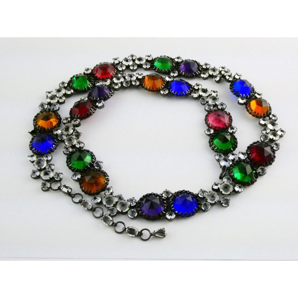 Vintage Schreiner NY Gunmetal Rainbow Rhinestone Adorned Belt 33.5 Inches 171g