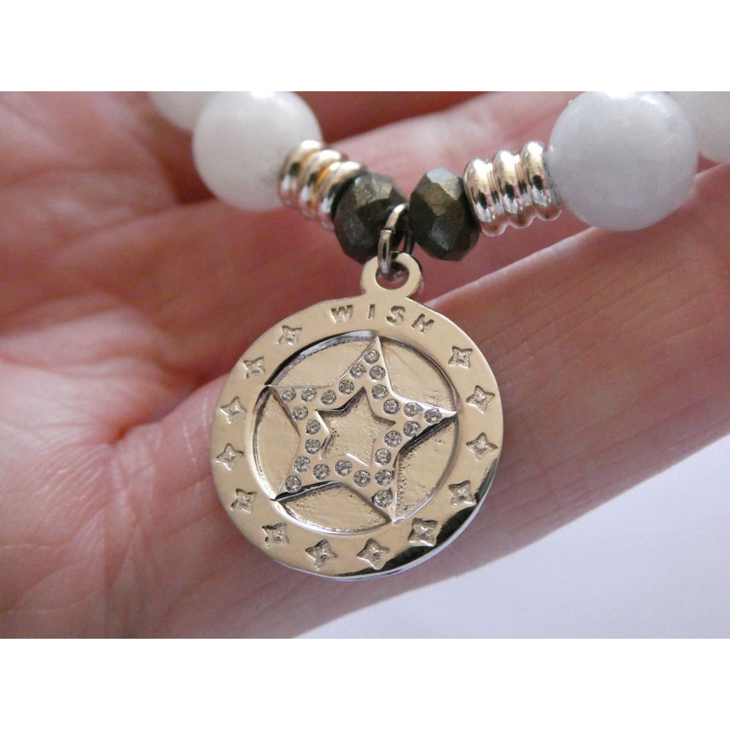 T Jazelle White Moonstone Gemstone Stretch Bracelet Sterling Silver Star Charm