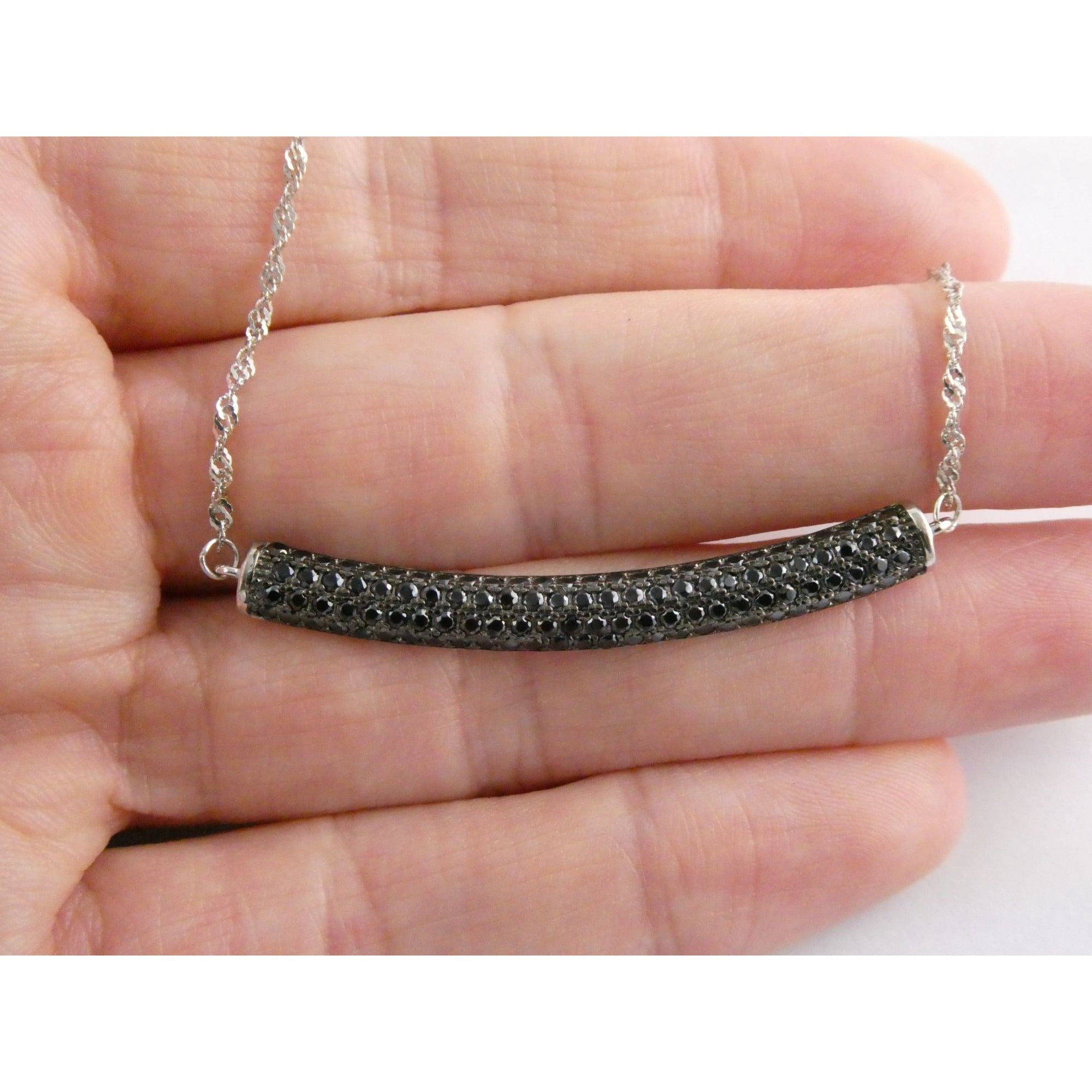 Sterling Silver Black Tourmaline Studded Bar Pendant Necklace 925 4.6g 17.75 In