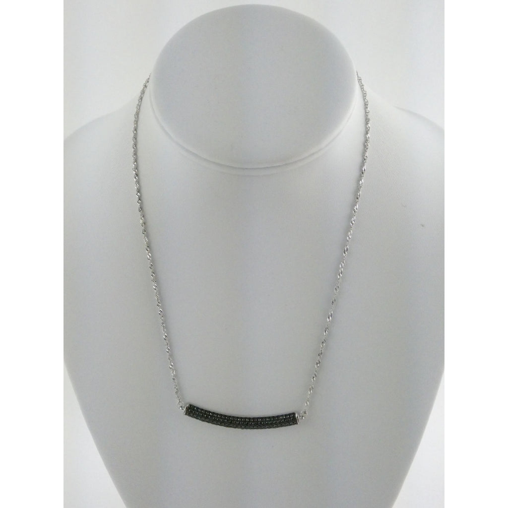 Sterling Silver Black Tourmaline Studded Bar Pendant Necklace 925 4.6g 17.75 In