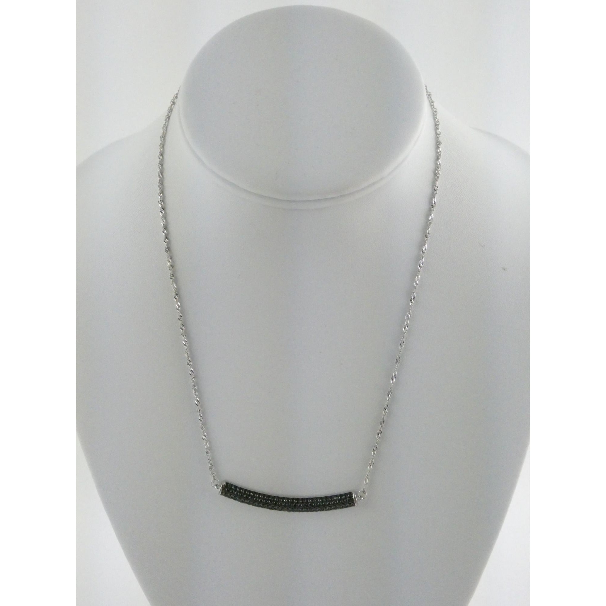Sterling Silver Black Tourmaline Studded Bar Pendant Necklace 925 4.6g 17.75 In