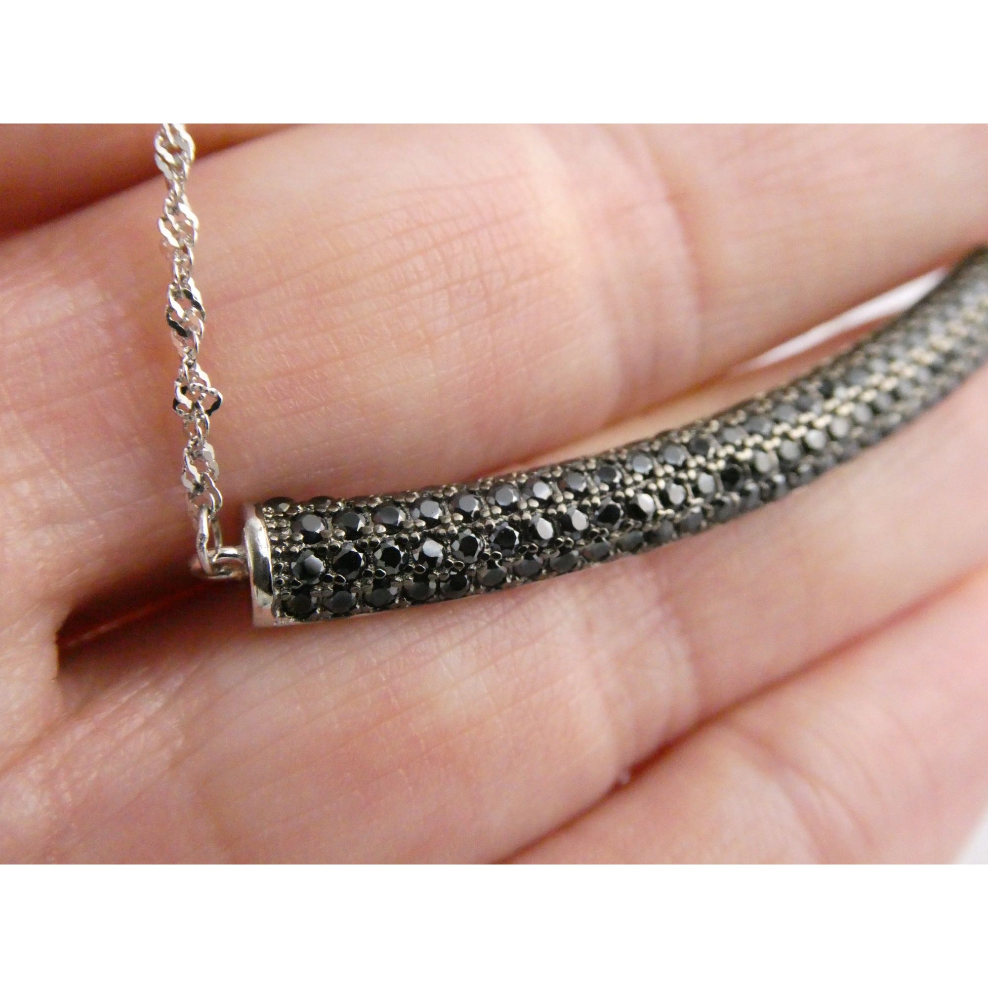 Sterling Silver Black Tourmaline Studded Bar Pendant Necklace 925 4.6g 17.75 In
