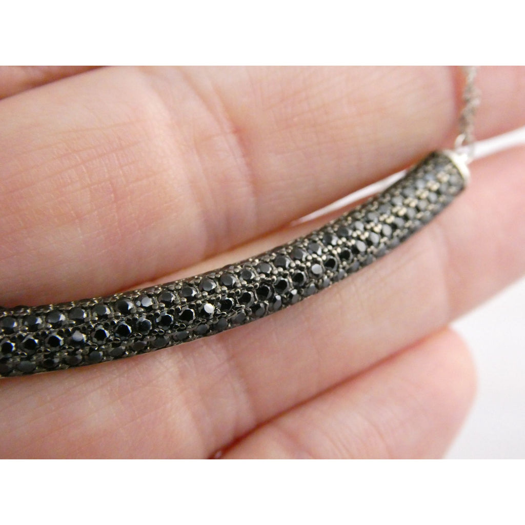 Sterling Silver Black Tourmaline Studded Bar Pendant Necklace 925 4.6g 17.75 In