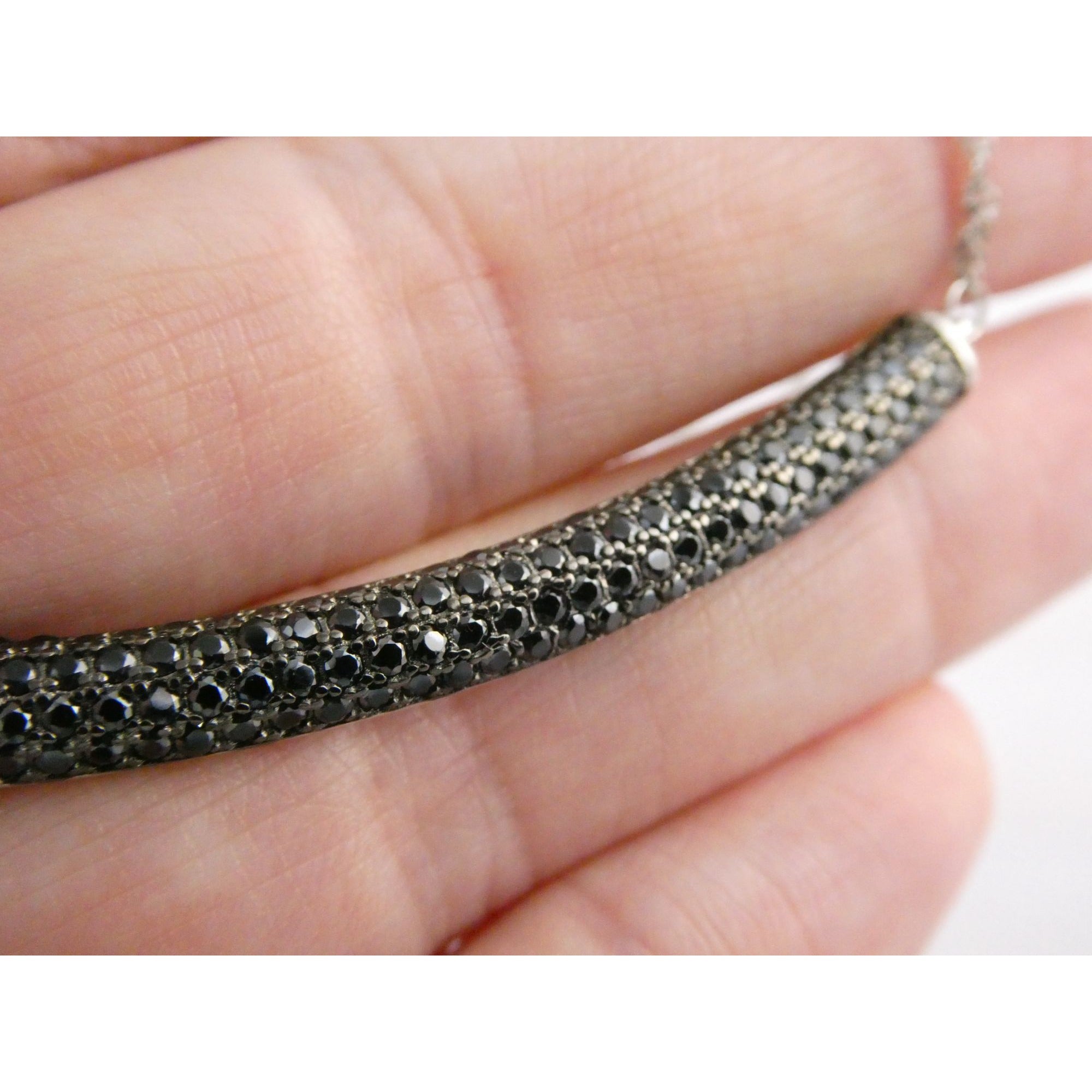 Sterling Silver Black Tourmaline Studded Bar Pendant Necklace 925 4.6g 17.75 In