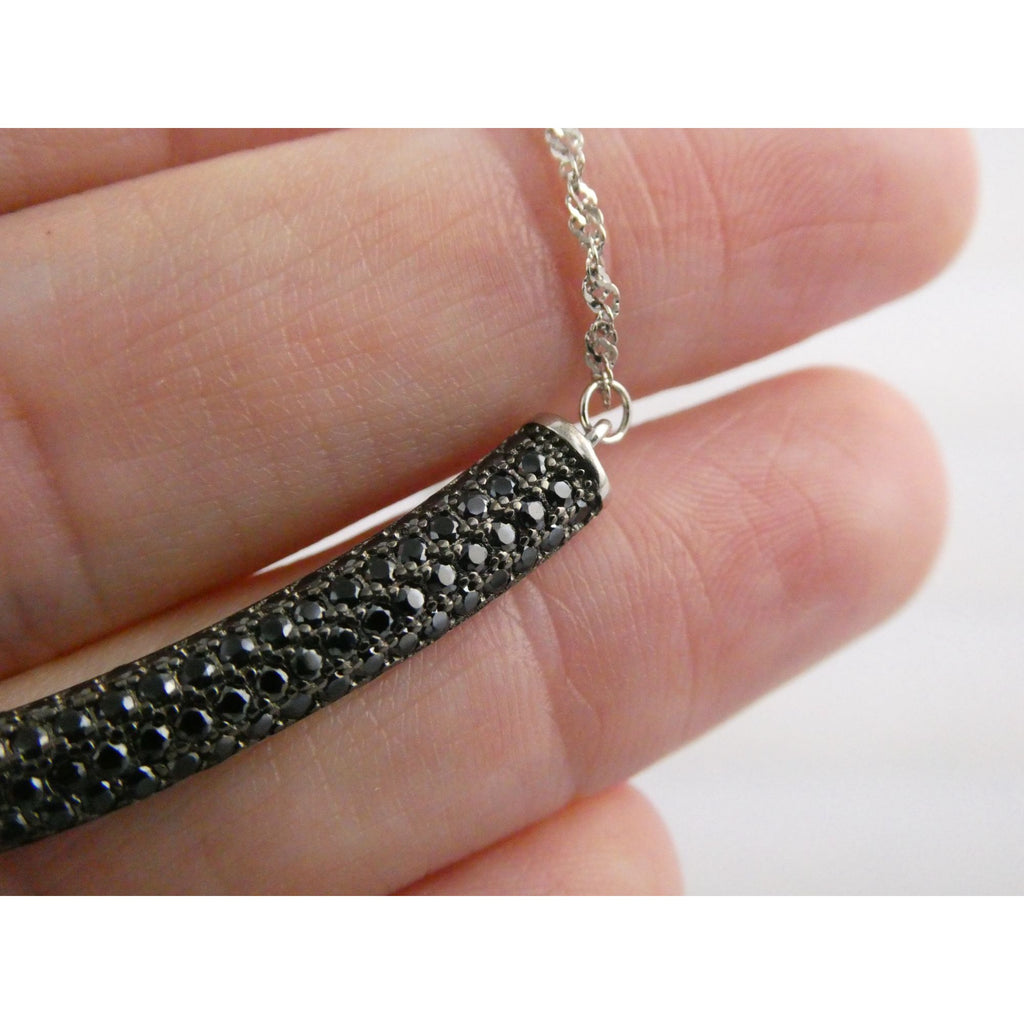 Sterling Silver Black Tourmaline Studded Bar Pendant Necklace 925 4.6g 17.75 In
