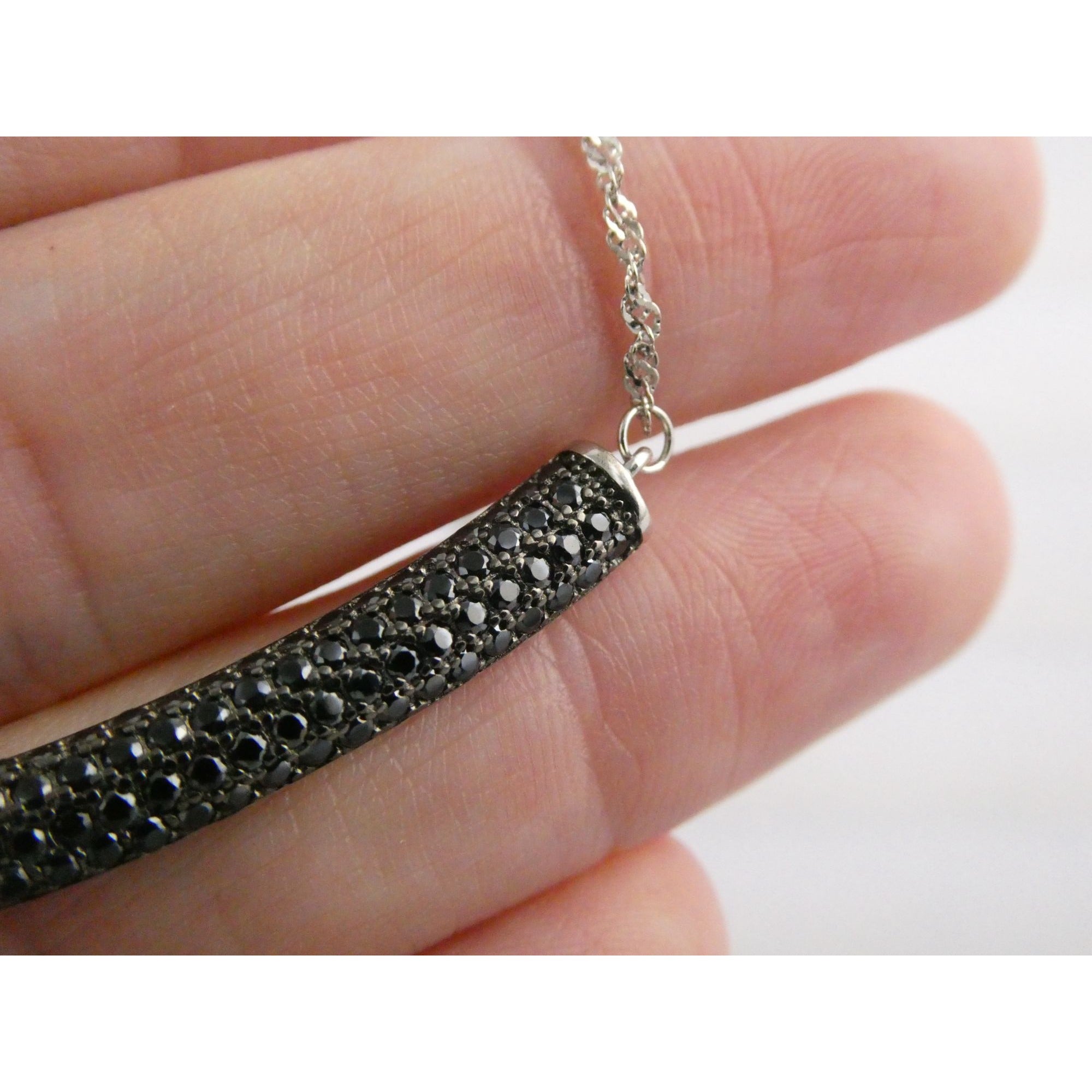 Sterling Silver Black Tourmaline Studded Bar Pendant Necklace 925 4.6g 17.75 In