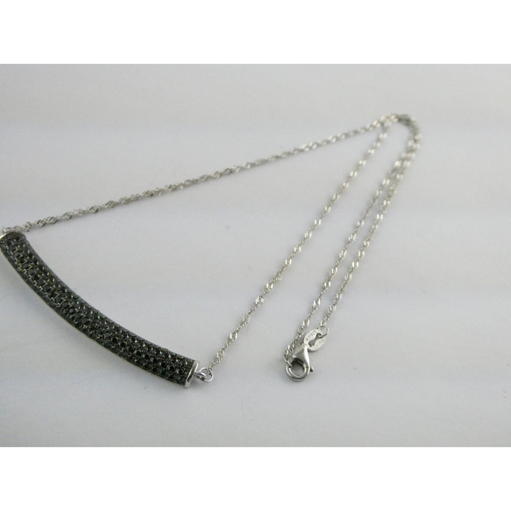 Sterling Silver Black Tourmaline Studded Bar Pendant Necklace 925 4.6g 17.75 In