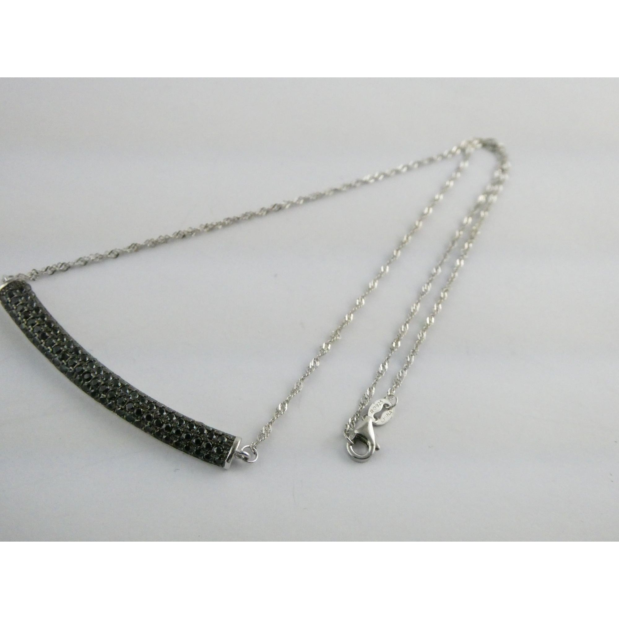 Sterling Silver Black Tourmaline Studded Bar Pendant Necklace 925 4.6g 17.75 In