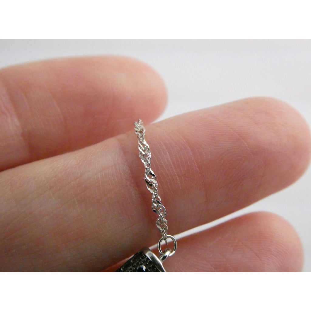 Sterling Silver Black Tourmaline Studded Bar Pendant Necklace 925 4.6g 17.75 In