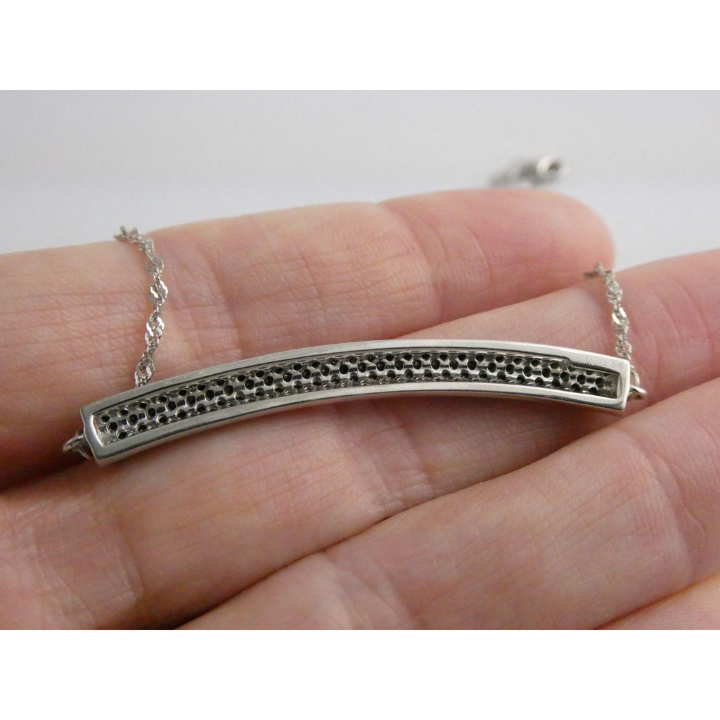 Sterling Silver Black Tourmaline Studded Bar Pendant Necklace 925 4.6g 17.75 In