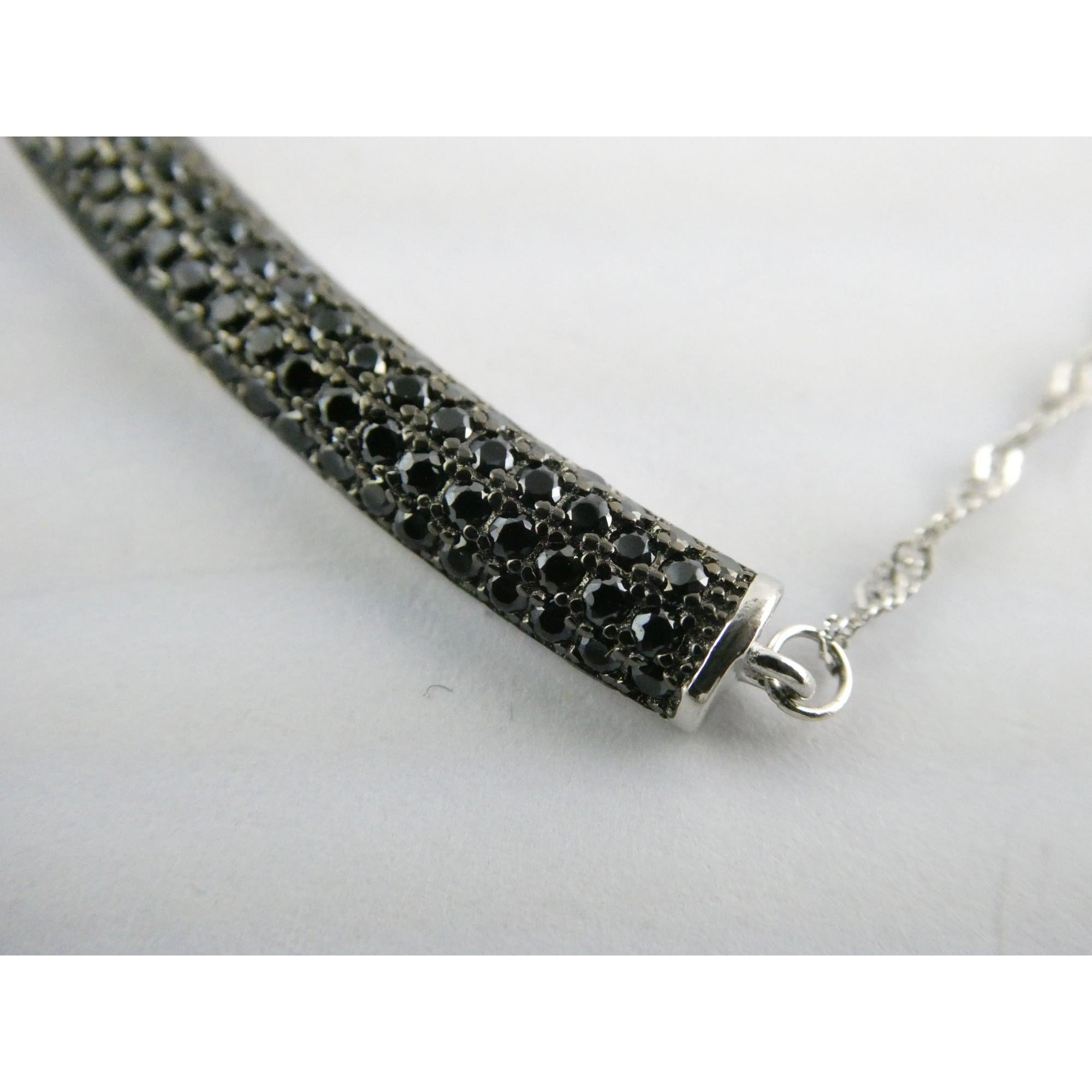 Sterling Silver Black Tourmaline Studded Bar Pendant Necklace 925 4.6g 17.75 In