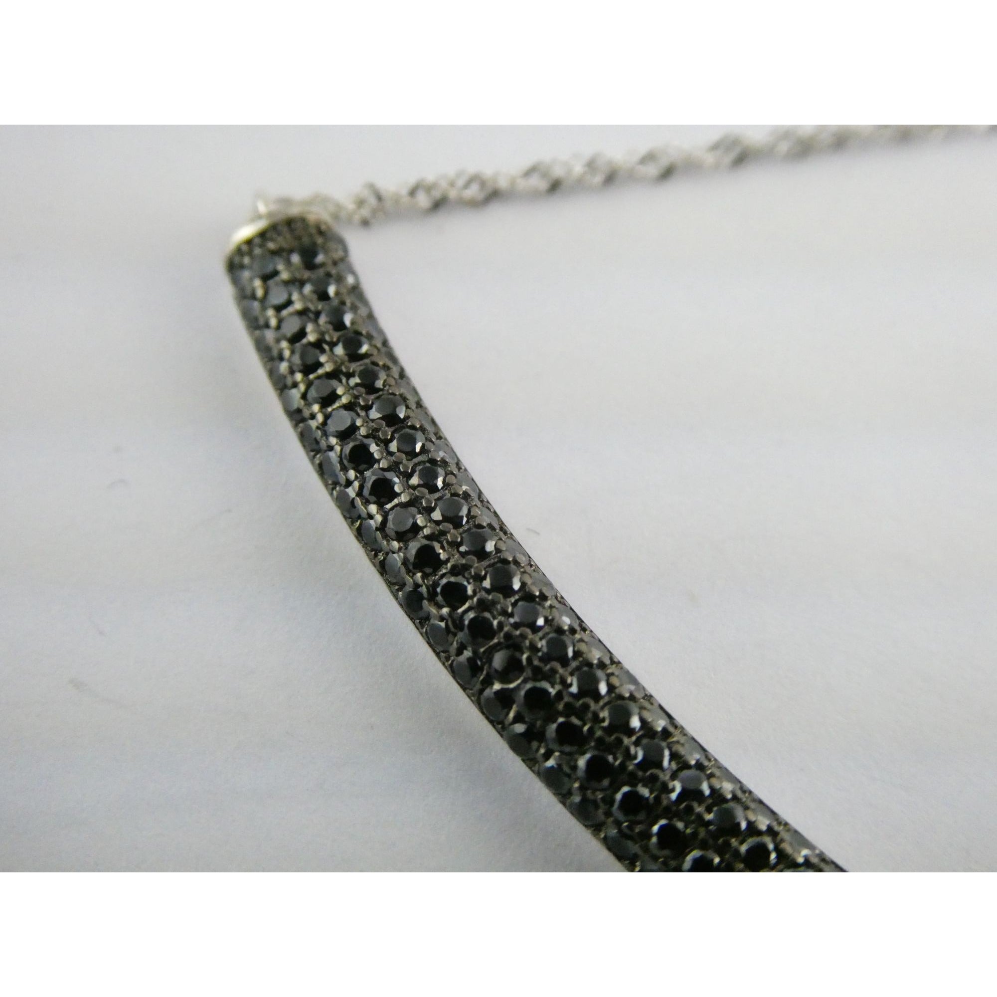 Sterling Silver Black Tourmaline Studded Bar Pendant Necklace 925 4.6g 17.75 In