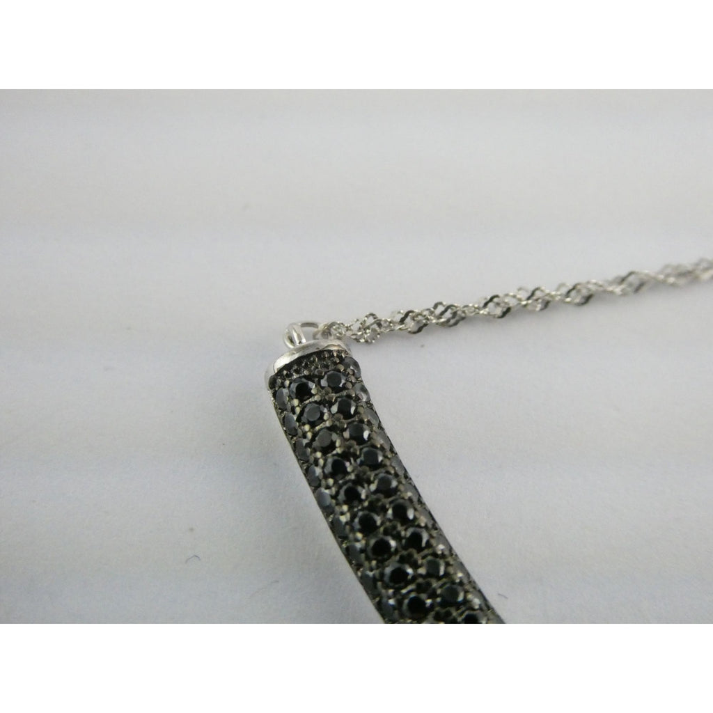 Sterling Silver Black Tourmaline Studded Bar Pendant Necklace 925 4.6g 17.75 In