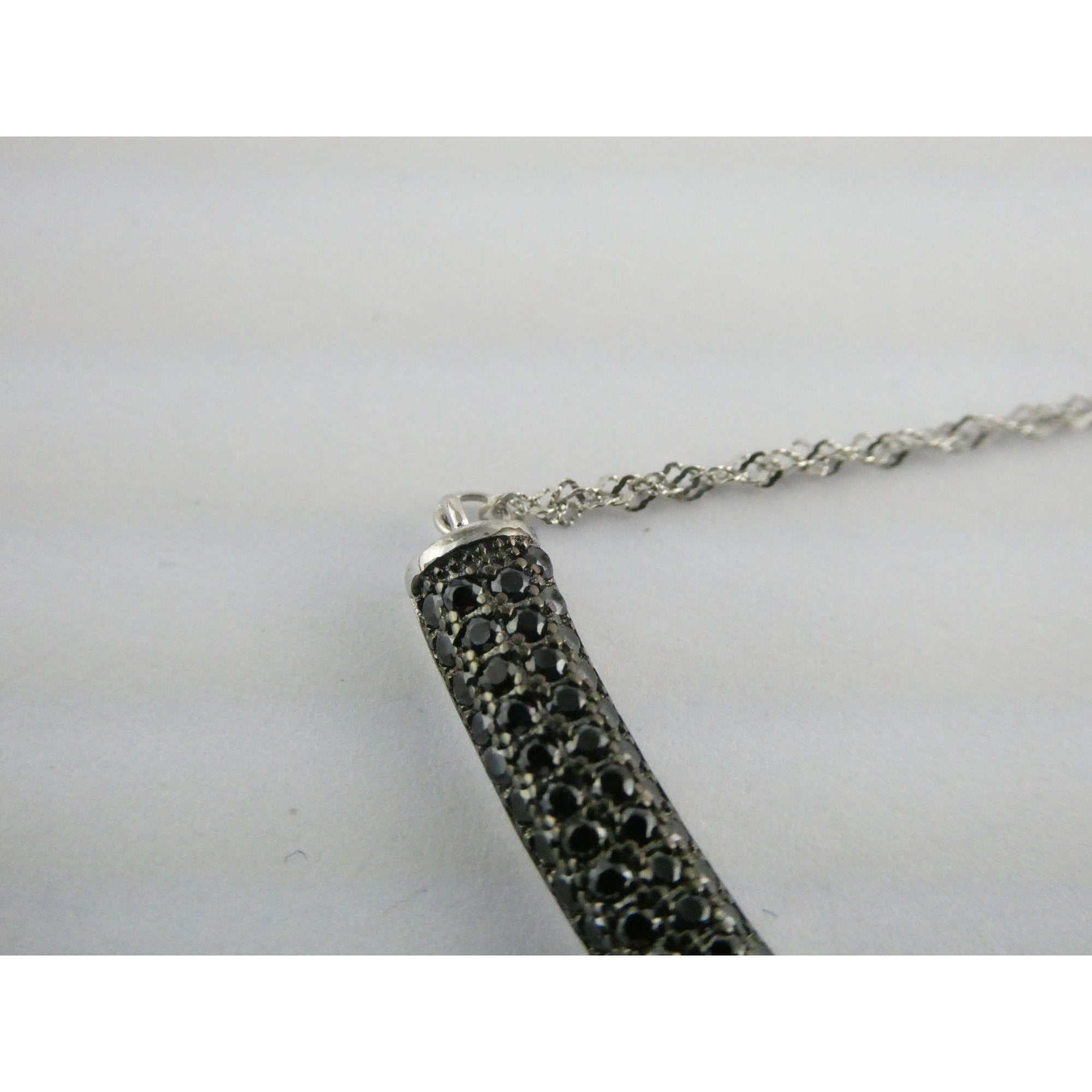 Sterling Silver Black Tourmaline Studded Bar Pendant Necklace 925 4.6g 17.75 In