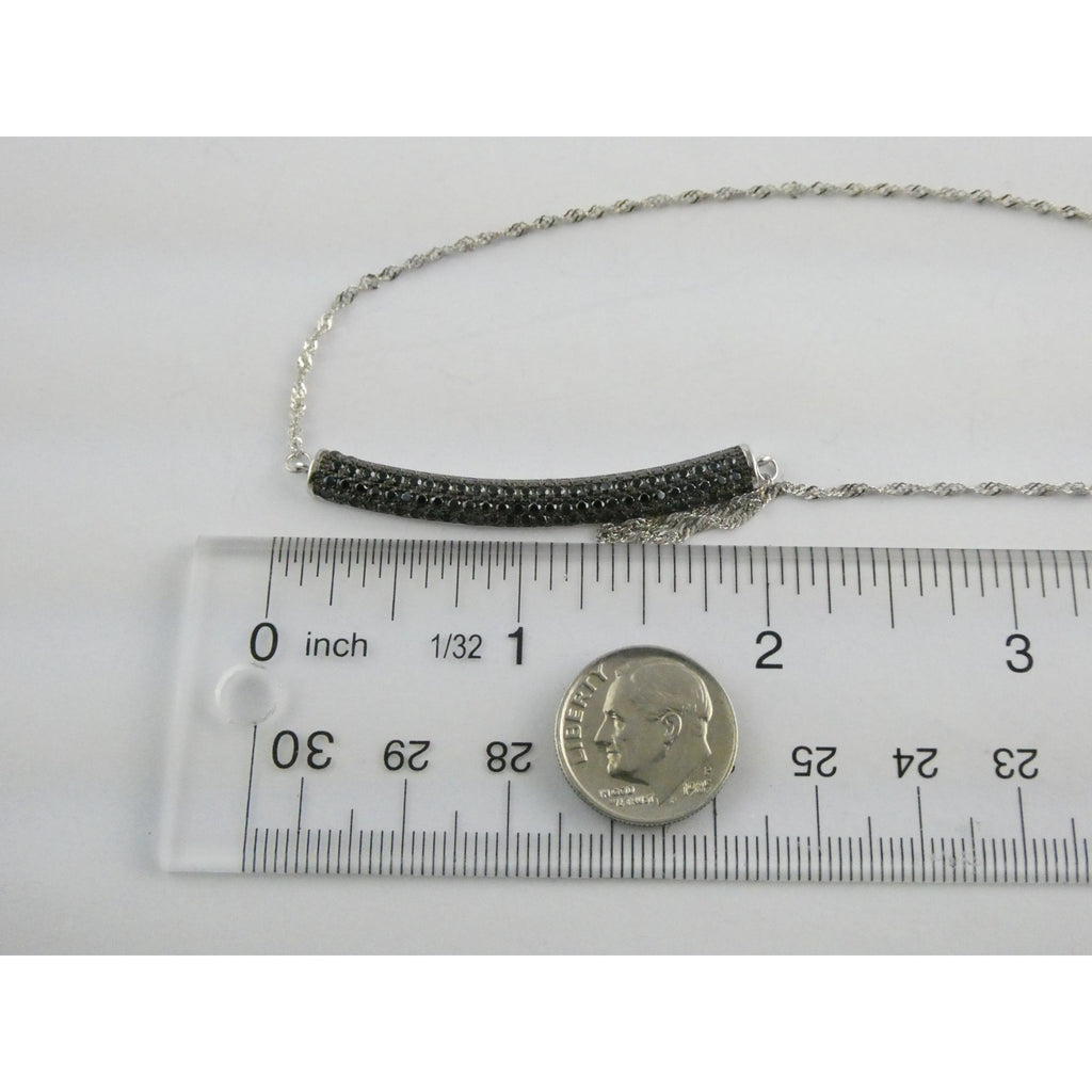 Sterling Silver Black Tourmaline Studded Bar Pendant Necklace 925 4.6g 17.75 In