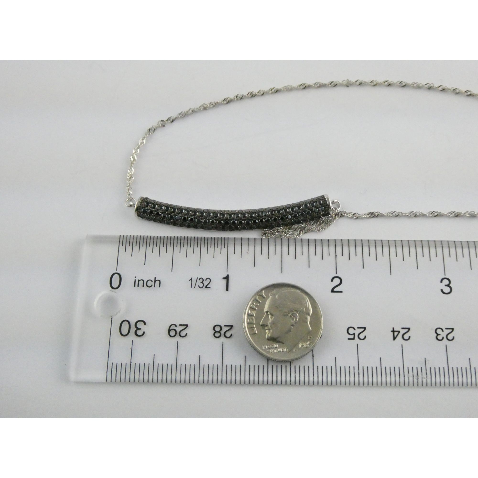 Sterling Silver Black Tourmaline Studded Bar Pendant Necklace 925 4.6g 17.75 In