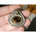 Handmade Signed DJV Sterling Silver Fire Agate and Opal Pendant 22g 1.75 Inches