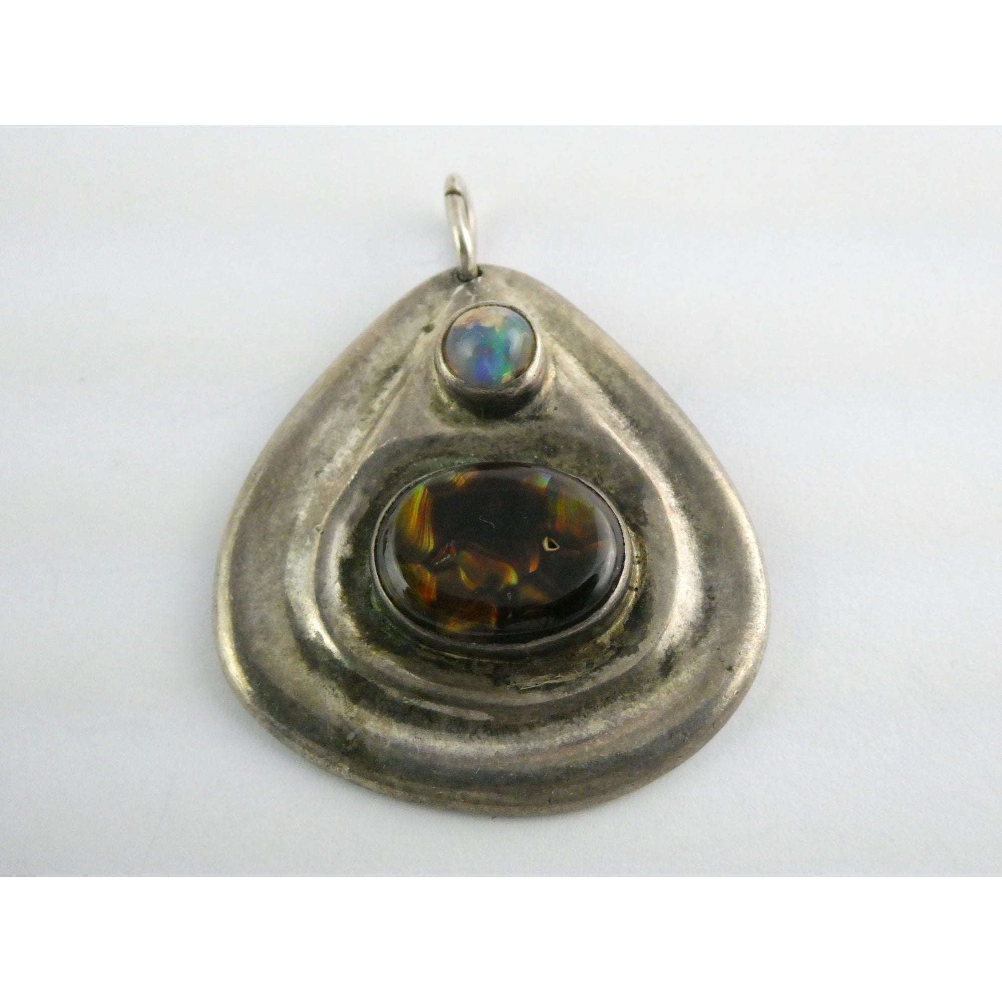 Handmade Signed DJV Sterling Silver Fire Agate and Opal Pendant 22g 1.75 Inches
