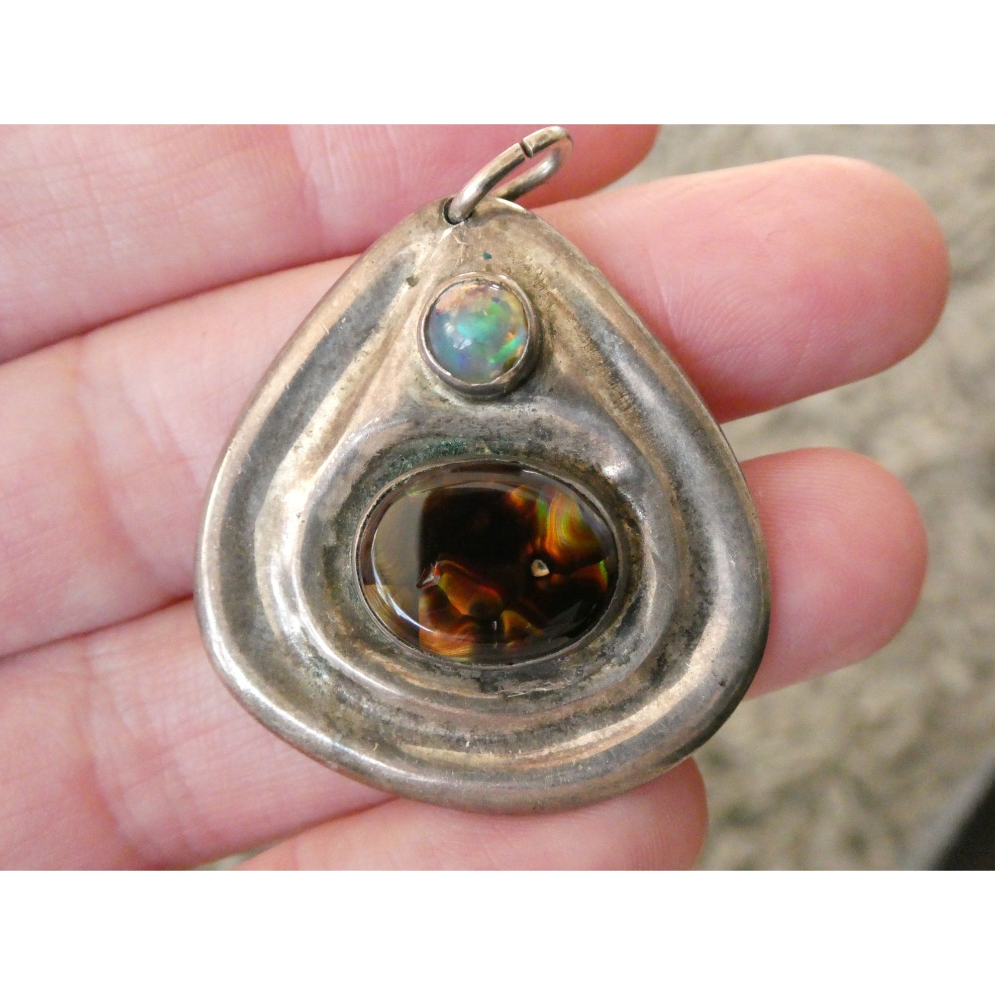 Handmade Signed DJV Sterling Silver Fire Agate and Opal Pendant 22g 1.75 Inches