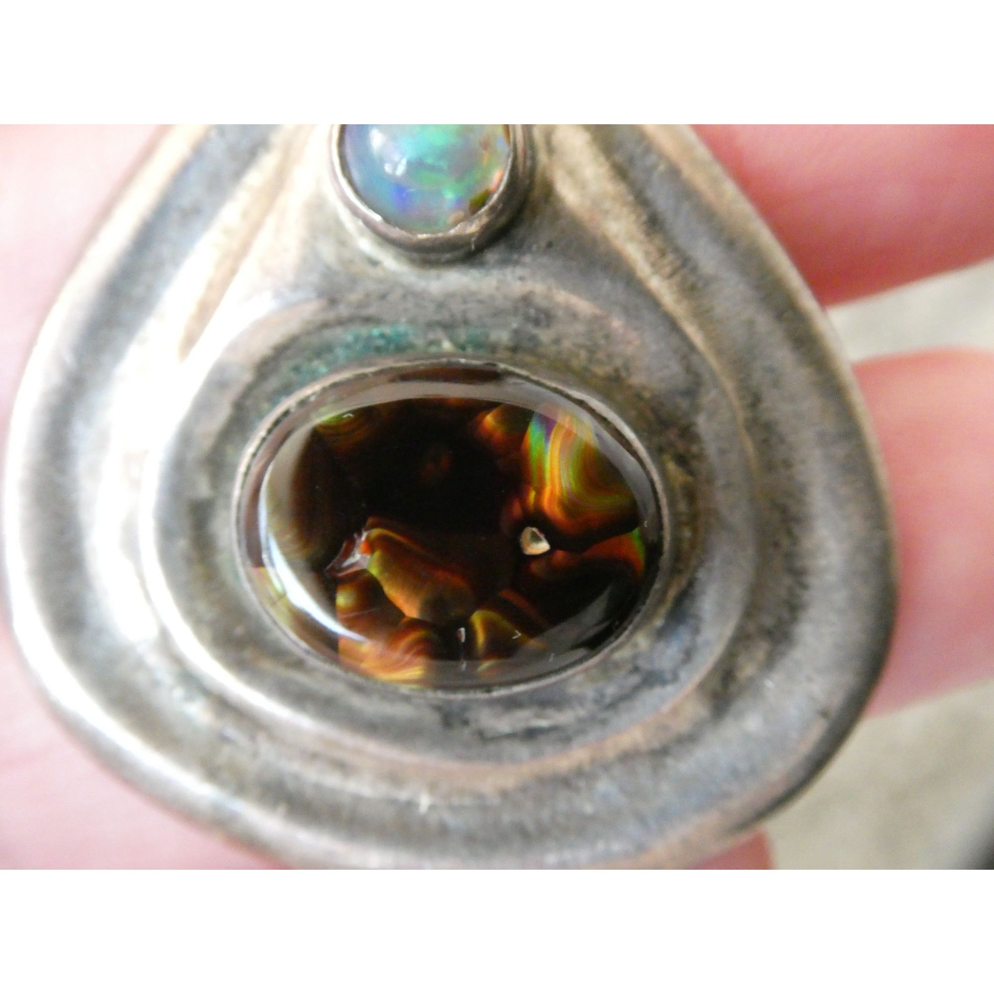 Handmade Signed DJV Sterling Silver Fire Agate and Opal Pendant 22g 1.75 Inches