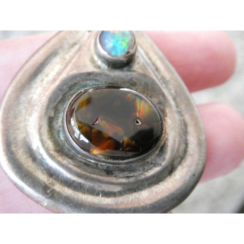 Handmade Signed DJV Sterling Silver Fire Agate and Opal Pendant 22g 1.75 Inches