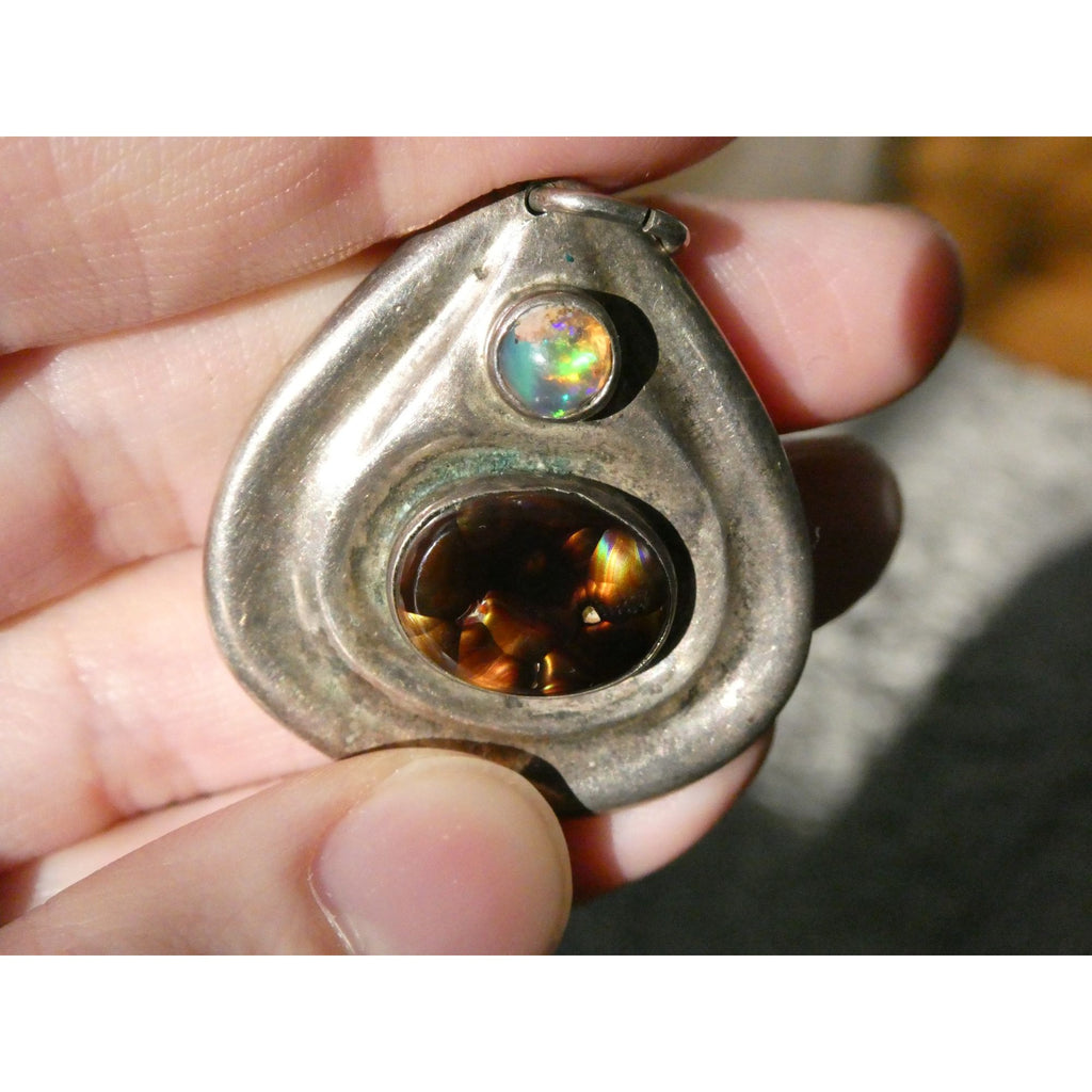 Handmade Signed DJV Sterling Silver Fire Agate and Opal Pendant 22g 1.75 Inches