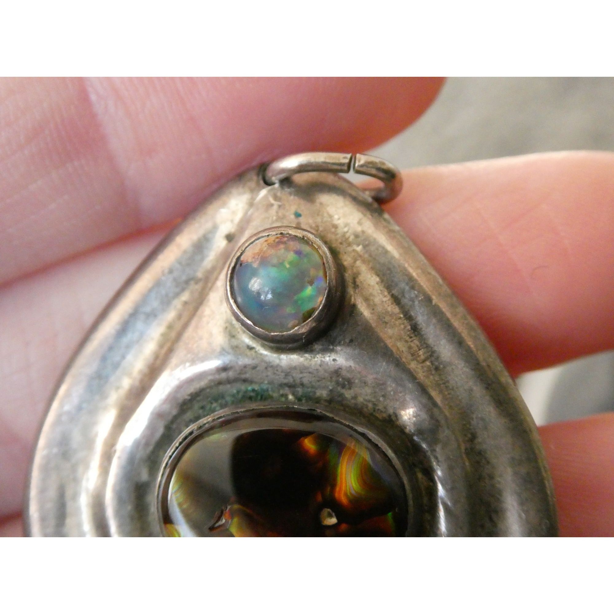 Handmade Signed DJV Sterling Silver Fire Agate and Opal Pendant 22g 1.75 Inches