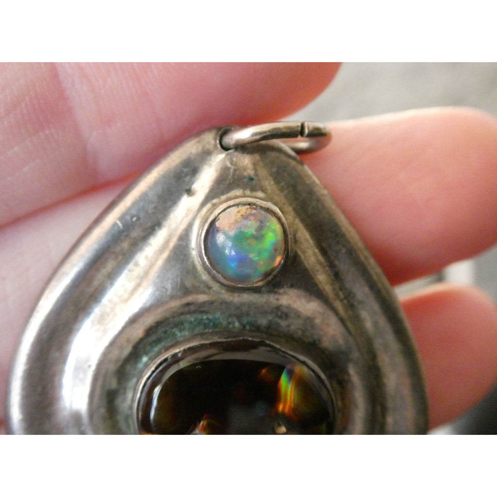 Handmade Signed DJV Sterling Silver Fire Agate and Opal Pendant 22g 1.75 Inches