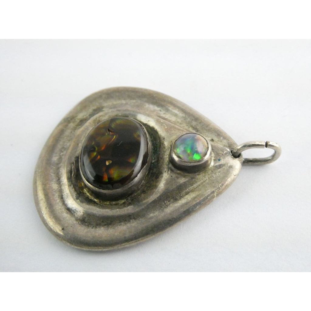 Handmade Signed DJV Sterling Silver Fire Agate and Opal Pendant 22g 1.75 Inches