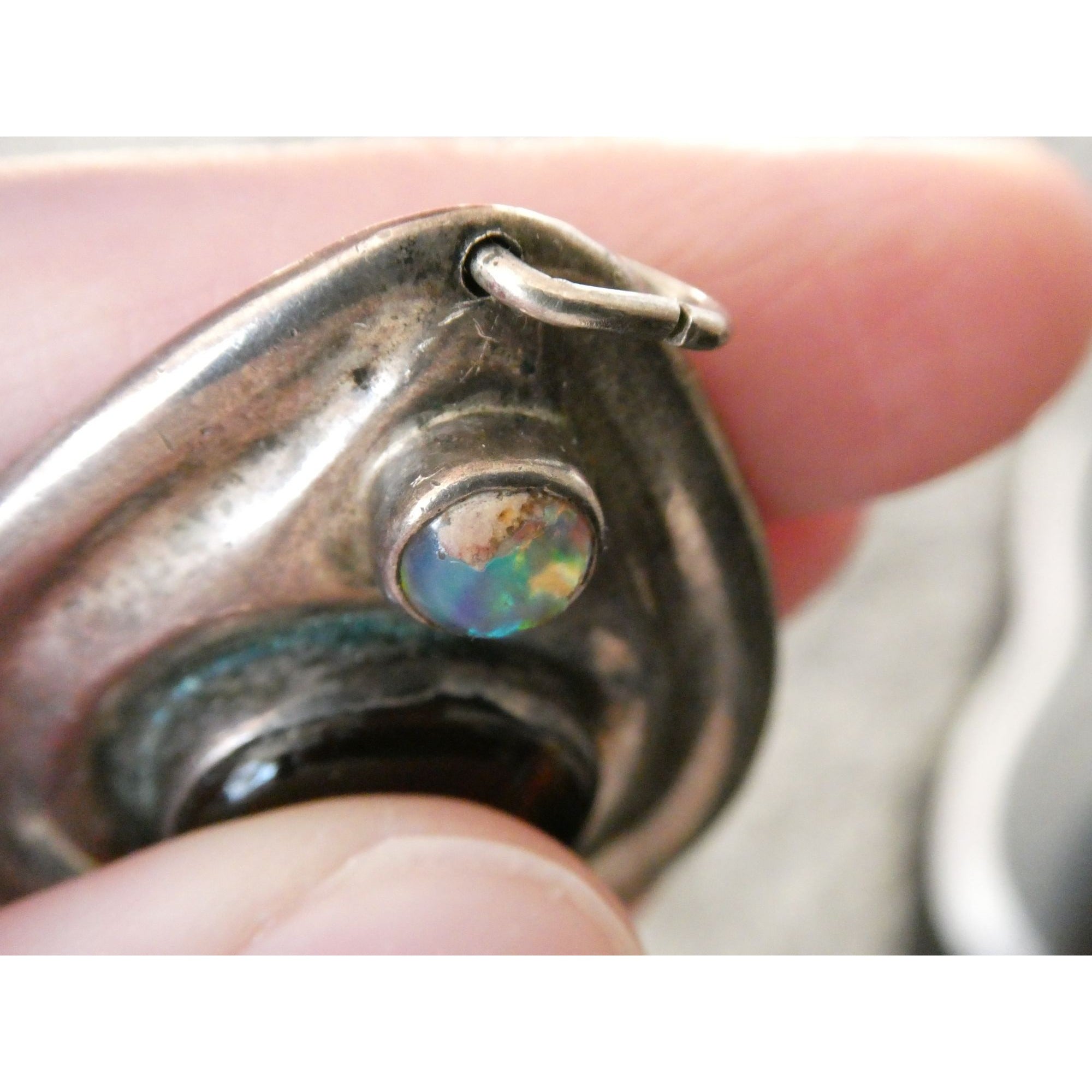 Handmade Signed DJV Sterling Silver Fire Agate and Opal Pendant 22g 1.75 Inches