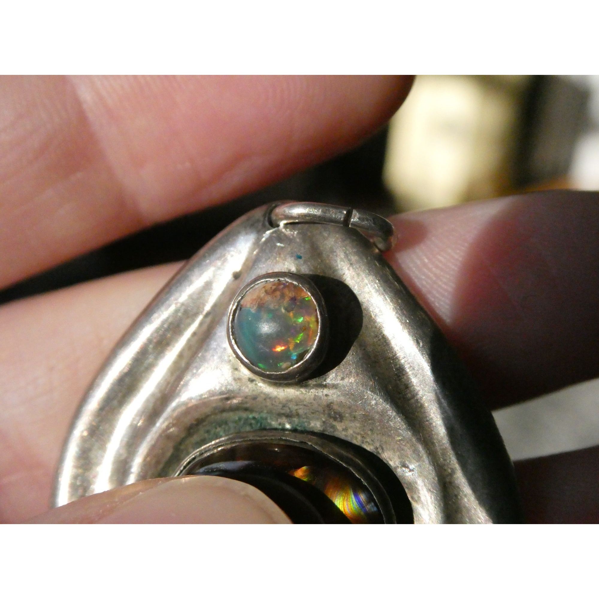 Handmade Signed DJV Sterling Silver Fire Agate and Opal Pendant 22g 1.75 Inches