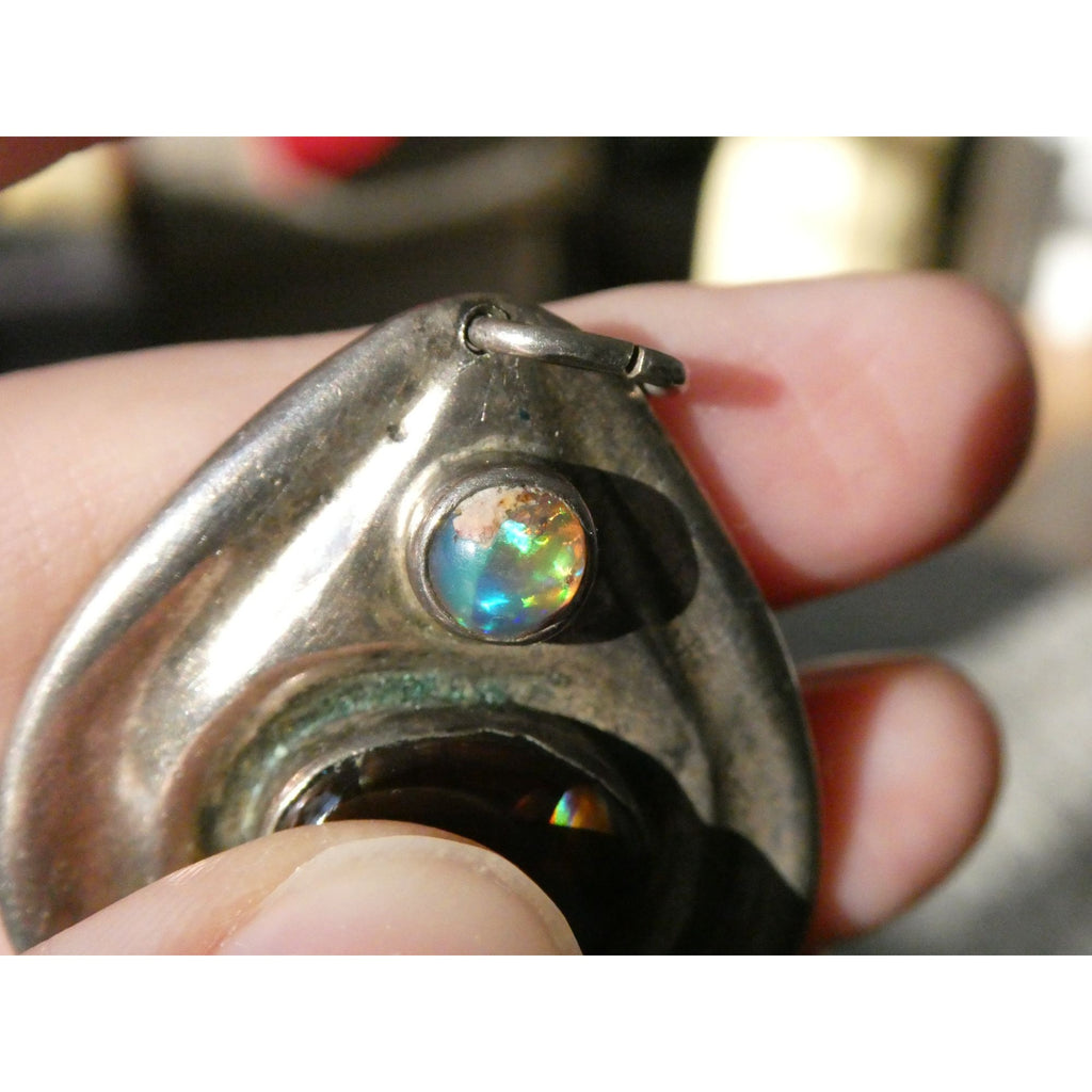 Handmade Signed DJV Sterling Silver Fire Agate and Opal Pendant 22g 1.75 Inches