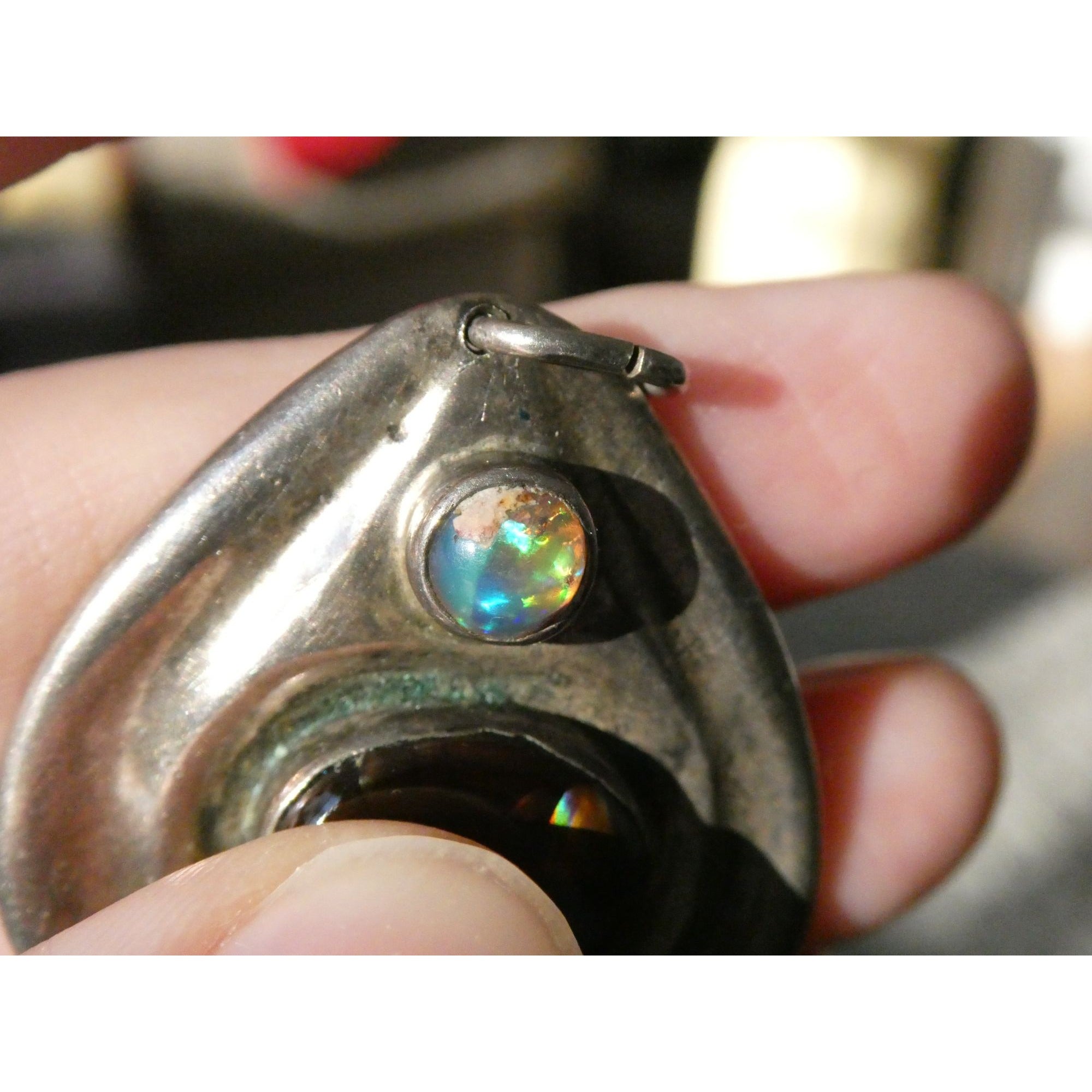 Handmade Signed DJV Sterling Silver Fire Agate and Opal Pendant 22g 1.75 Inches
