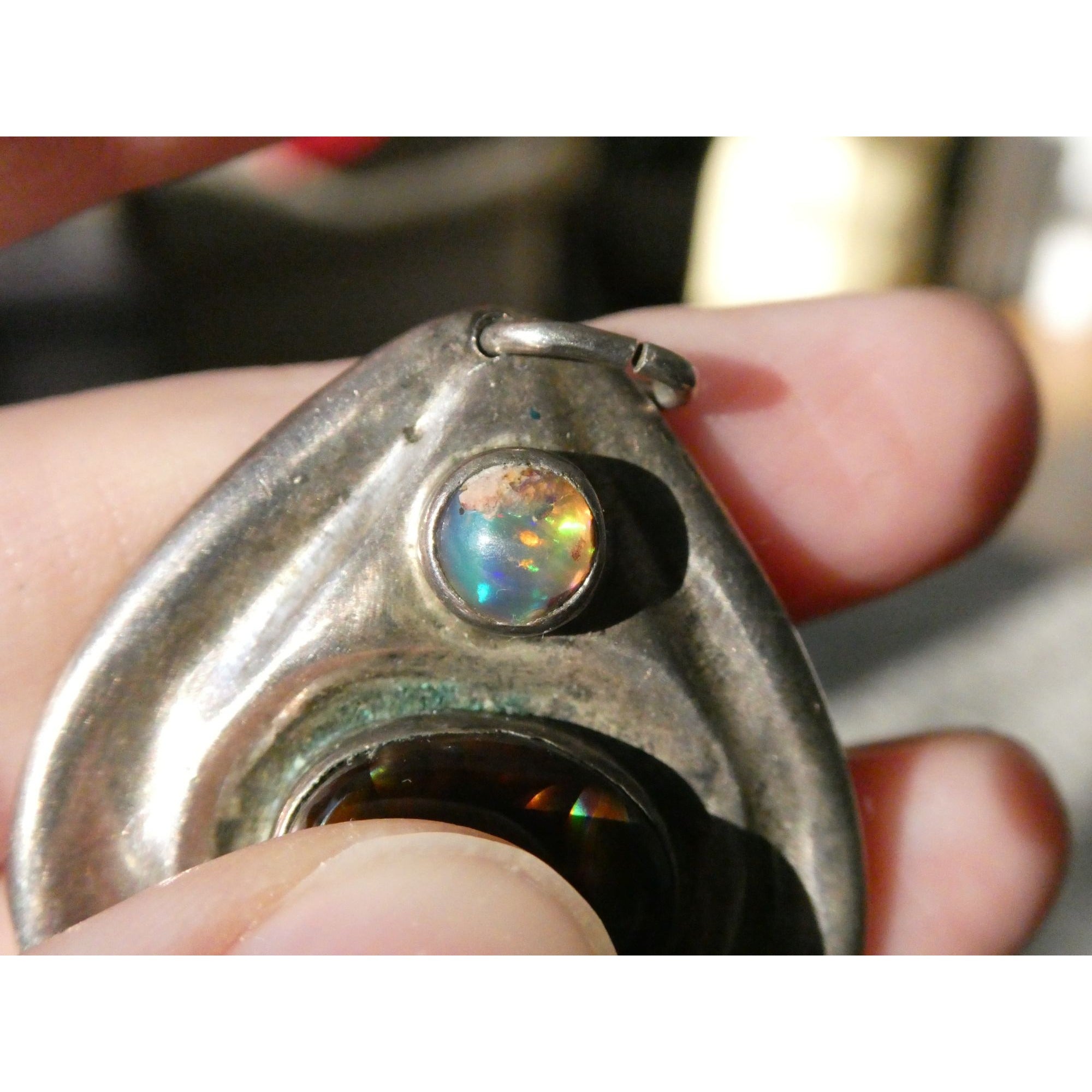 Handmade Signed DJV Sterling Silver Fire Agate and Opal Pendant 22g 1.75 Inches
