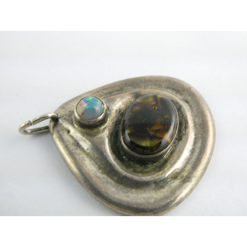 Handmade Signed DJV Sterling Silver Fire Agate and Opal Pendant 22g 1.75 Inches