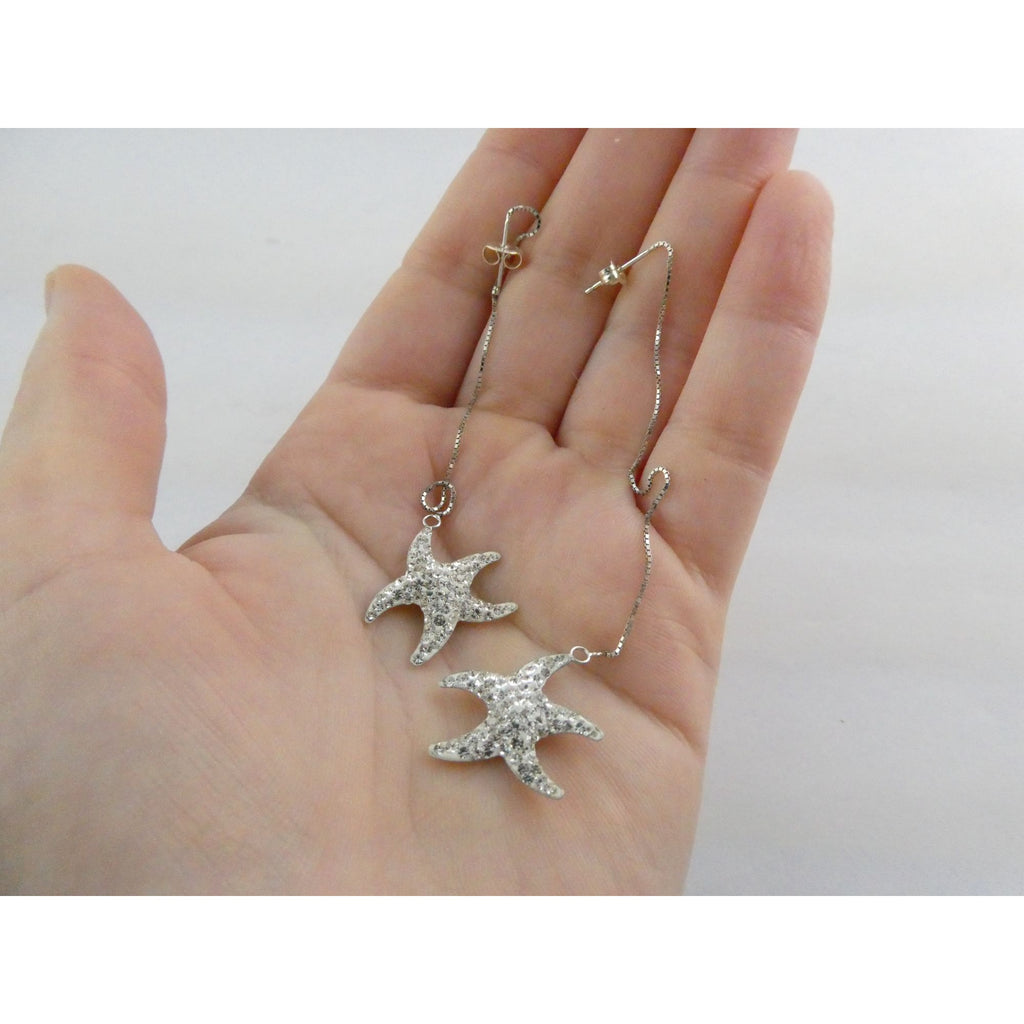 Sterling Silver White Rhinestone Star Design Dangling Stud Earrings 2.5g 4 Inch
