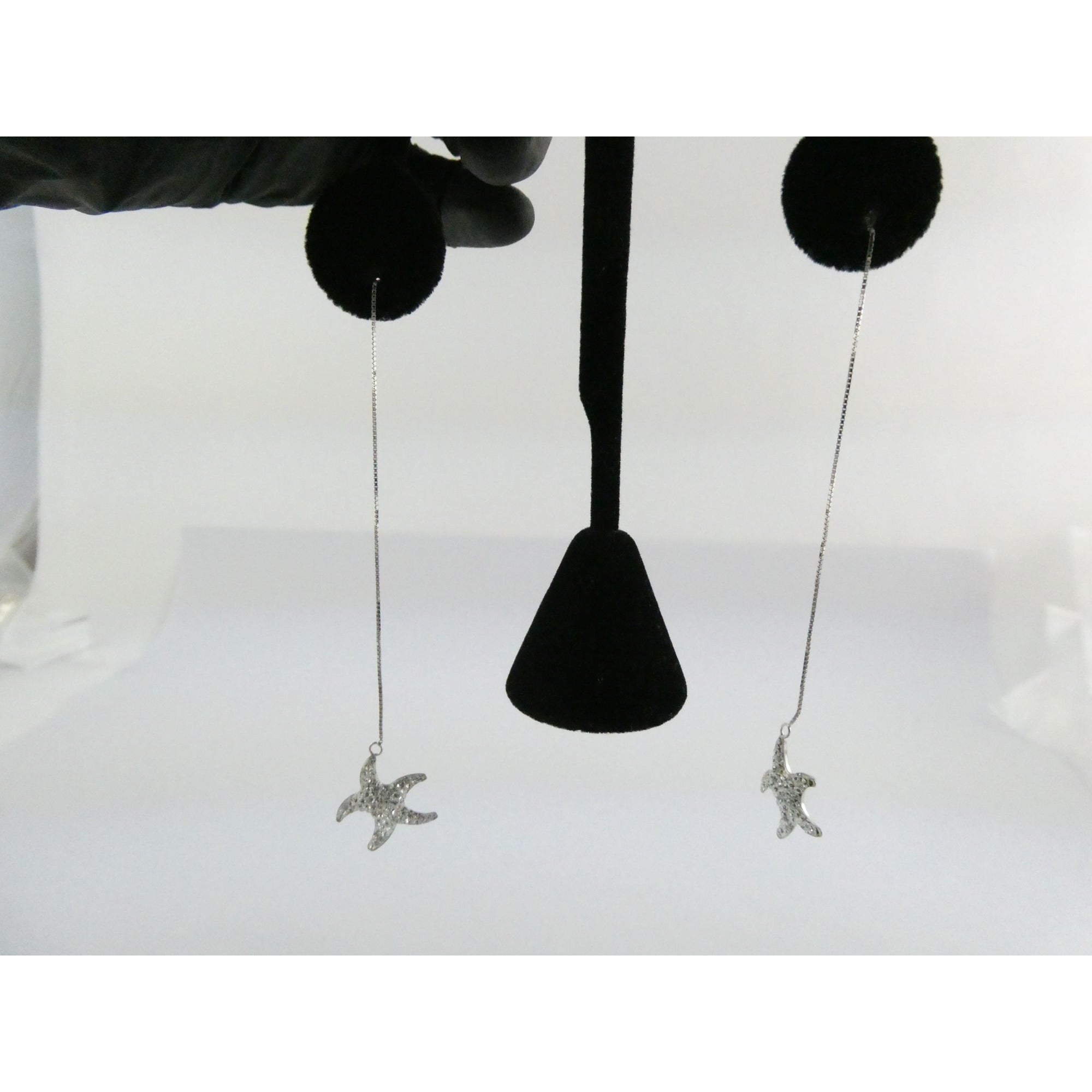 Sterling Silver White Rhinestone Star Design Dangling Stud Earrings 2.5g 4 Inch