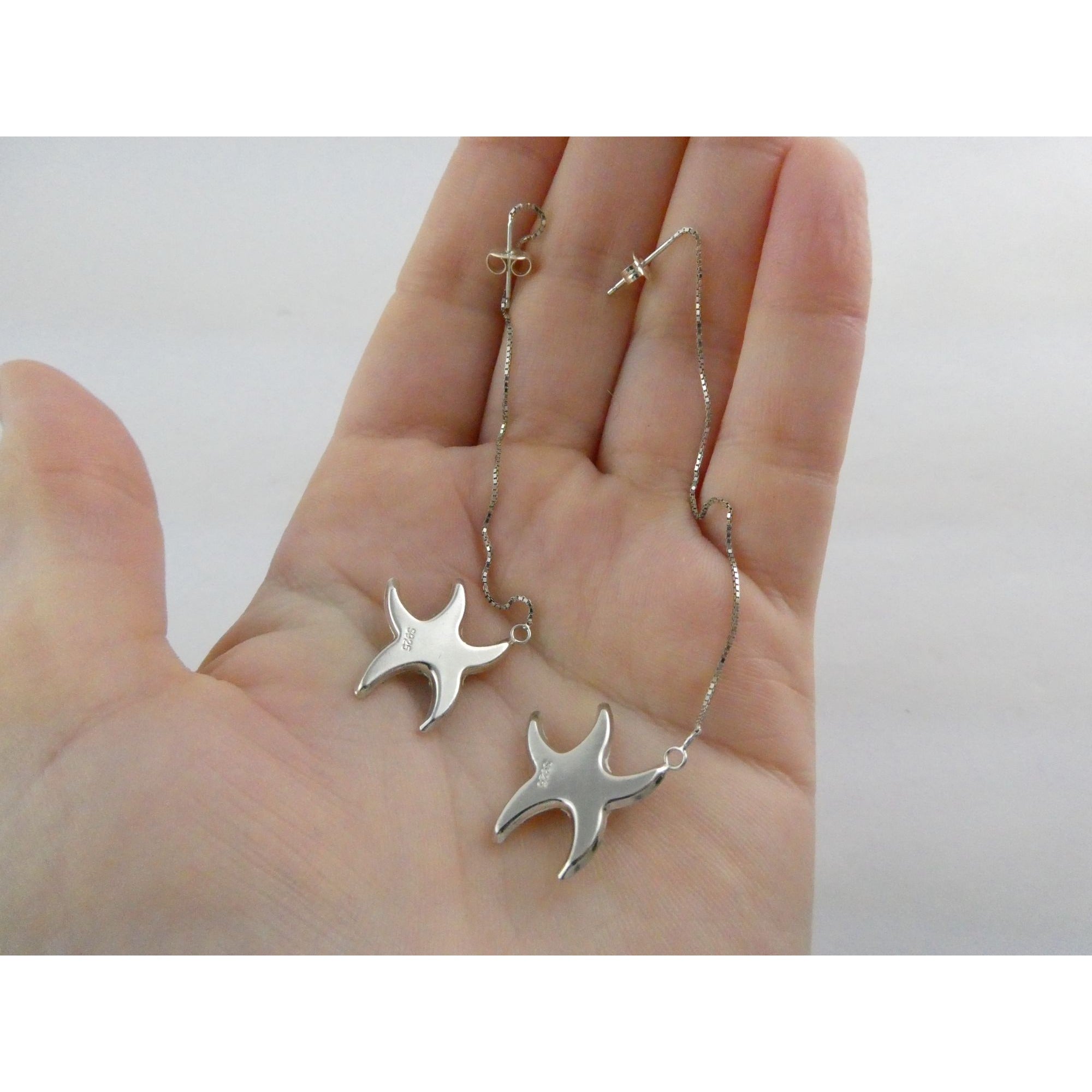Sterling Silver White Rhinestone Star Design Dangling Stud Earrings 2.5g 4 Inch