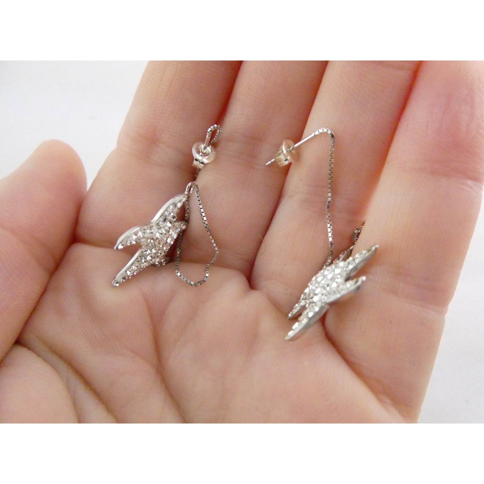 Sterling Silver White Rhinestone Star Design Dangling Stud Earrings 2.5g 4 Inch