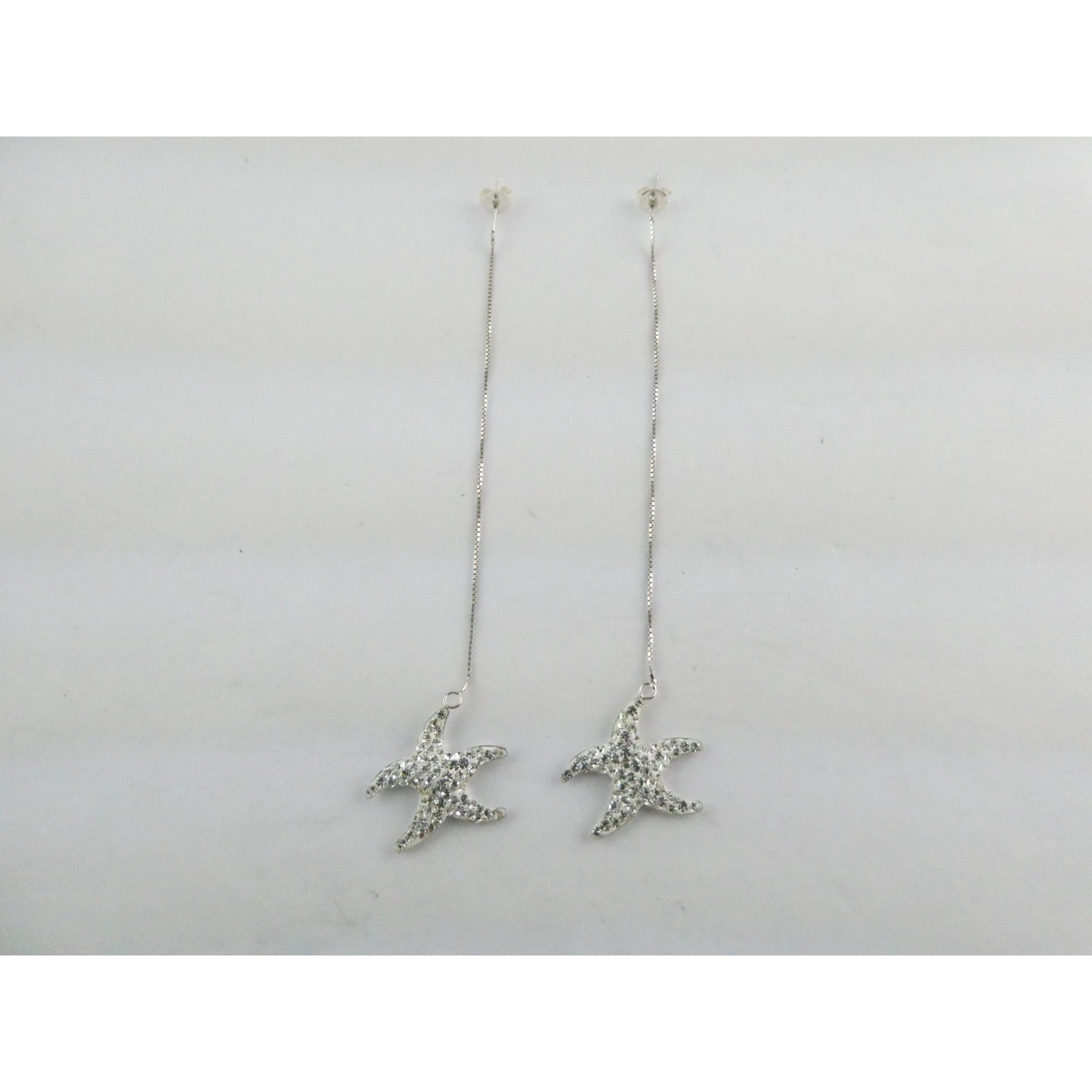 Sterling Silver White Rhinestone Star Design Dangling Stud Earrings 2.5g 4 Inch