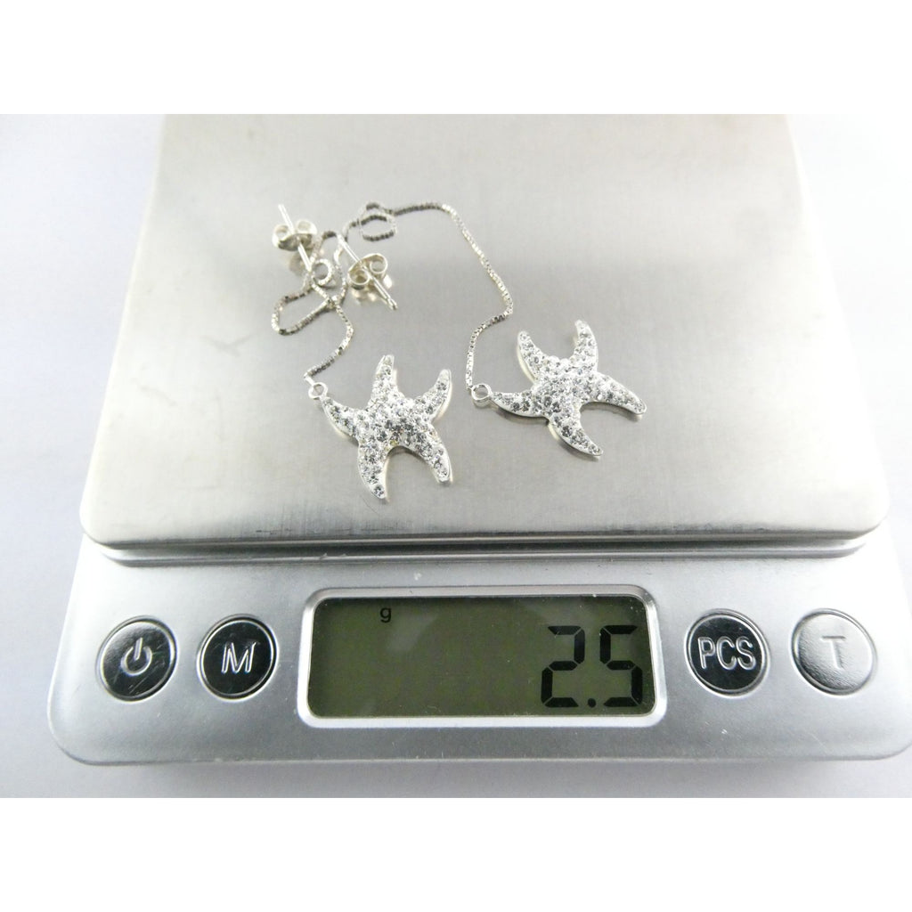 Sterling Silver White Rhinestone Star Design Dangling Stud Earrings 2.5g 4 Inch