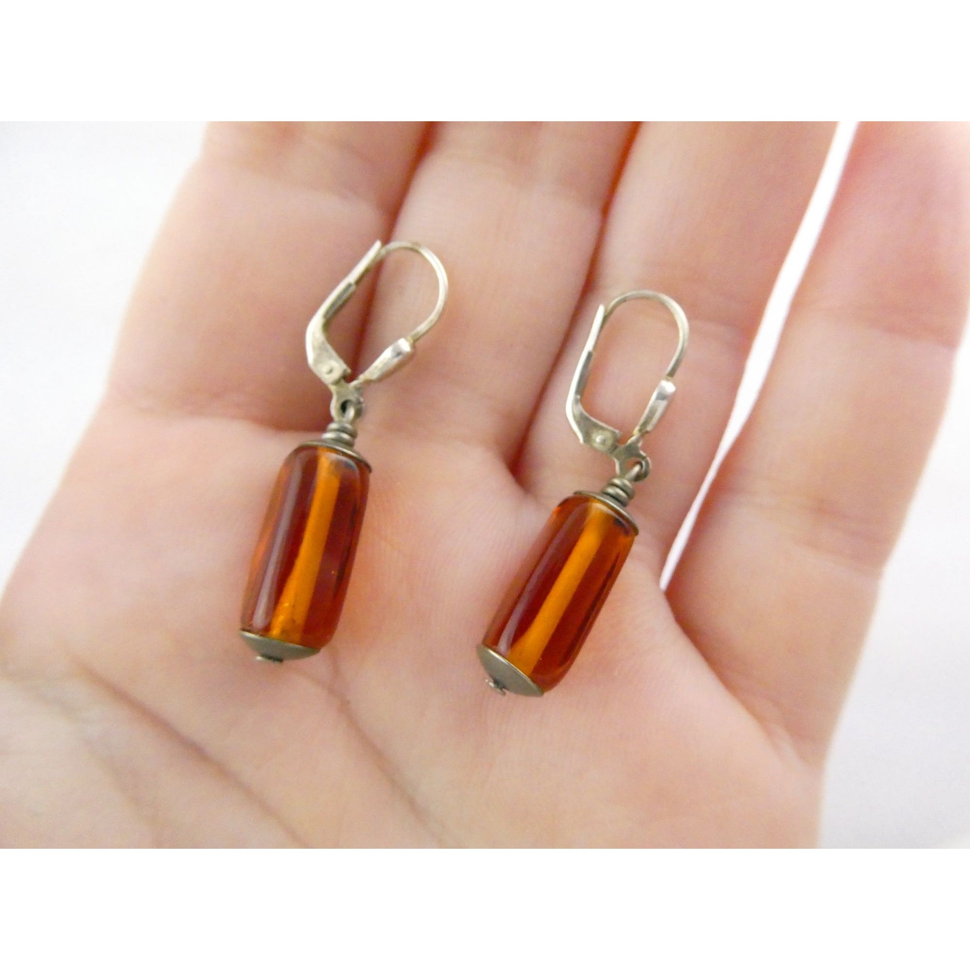 Vintage Sterling Silver Orange Glass Dangling Earrings 3.8g 1.25 Inch Length