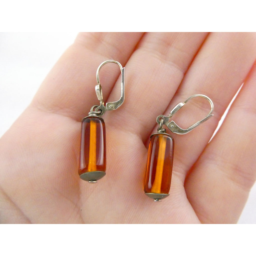 Vintage Sterling Silver Orange Glass Dangling Earrings 3.8g 1.25 Inch Length