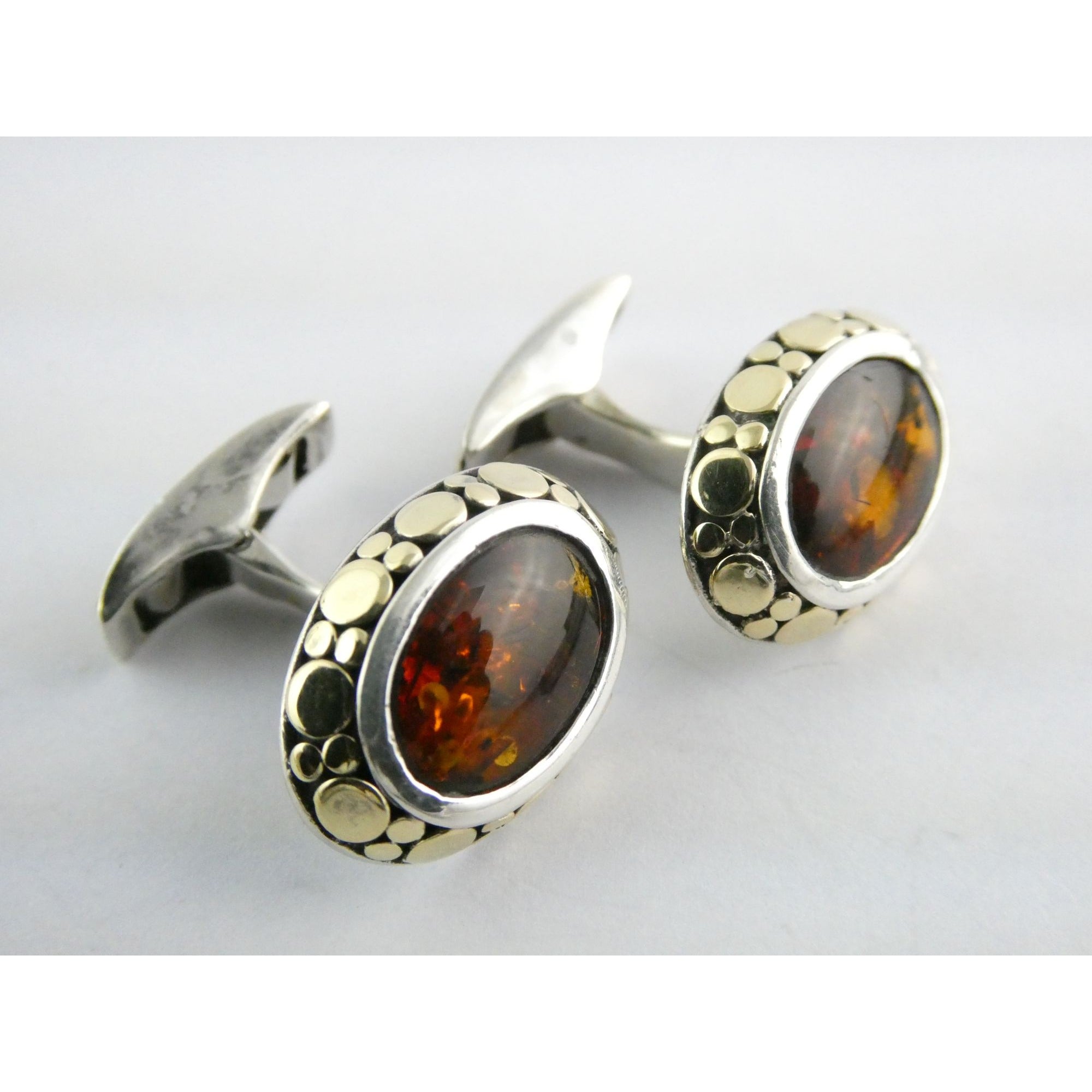 John Hardy 18k Gold Sterling Silver Amber Cabochon Cufflinks 11.2g 19mm Width
