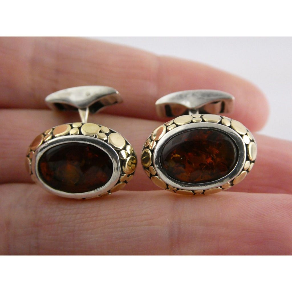 John Hardy 18k Gold Sterling Silver Amber Cabochon Cufflinks 11.2g 19mm Width
