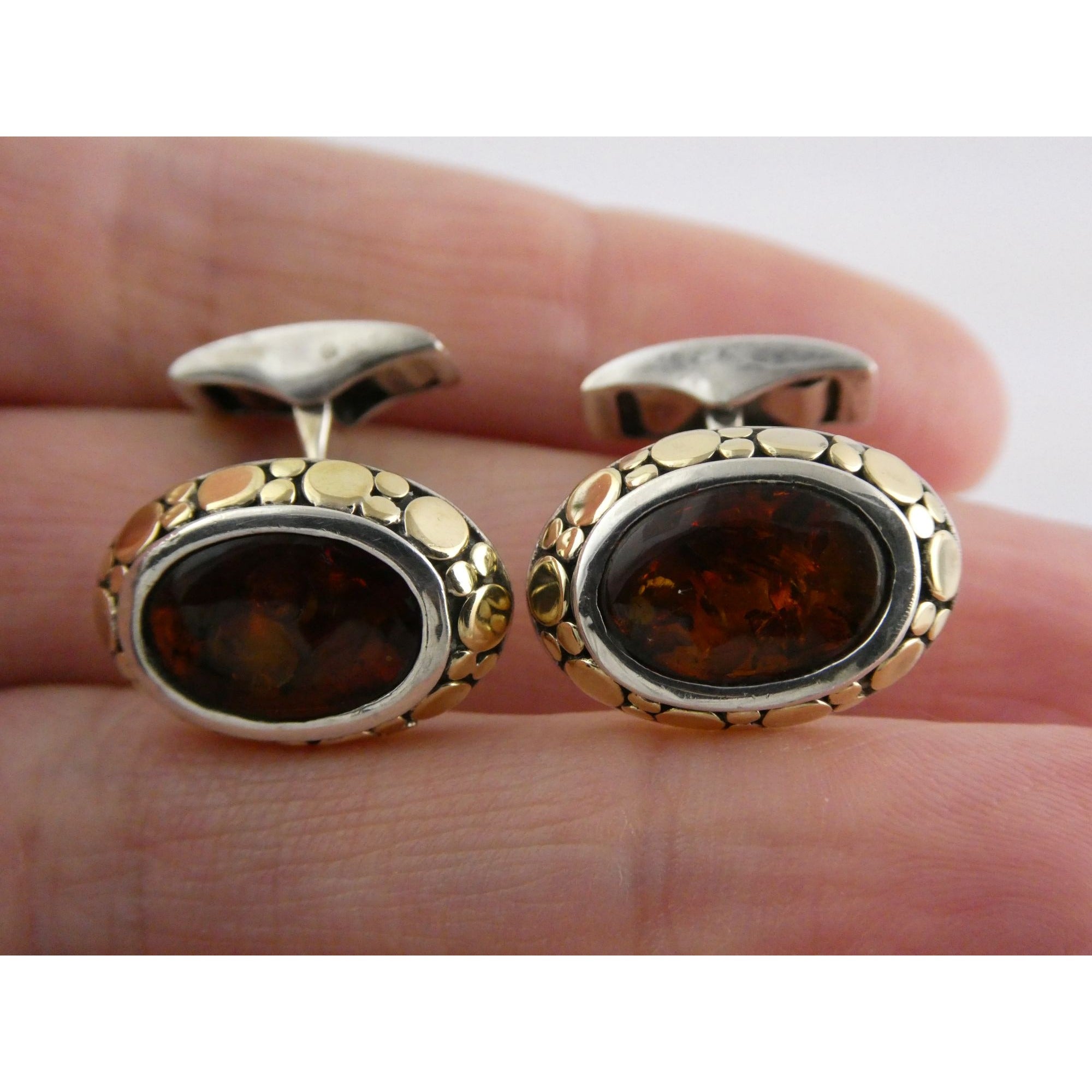 John Hardy 18k Gold Sterling Silver Amber Cabochon Cufflinks 11.2g 19mm Width